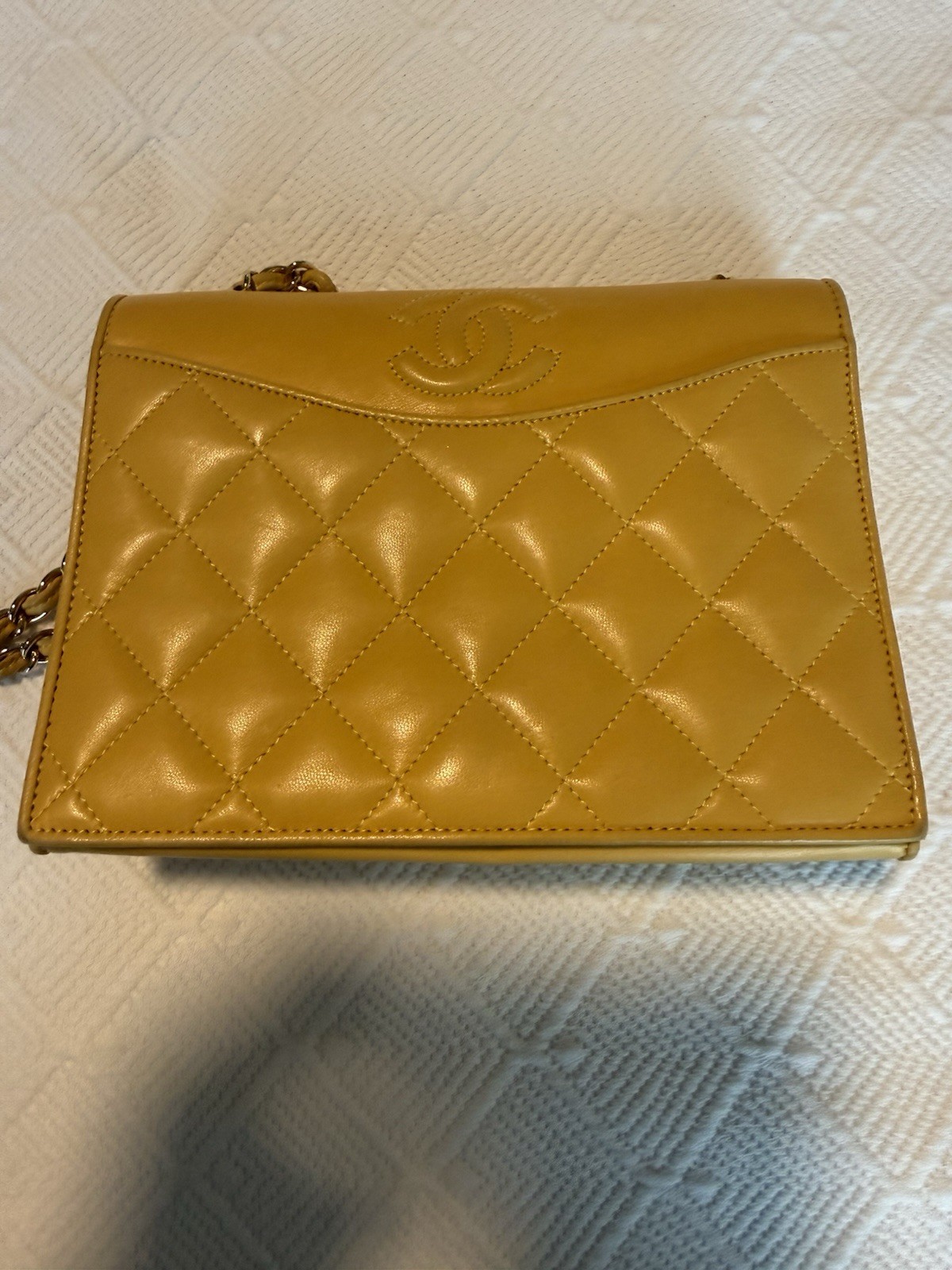 CHANEL Vintage 1990s Quilted Lambskin Envelope Flap Shoulder Bag Mustard Yellow
