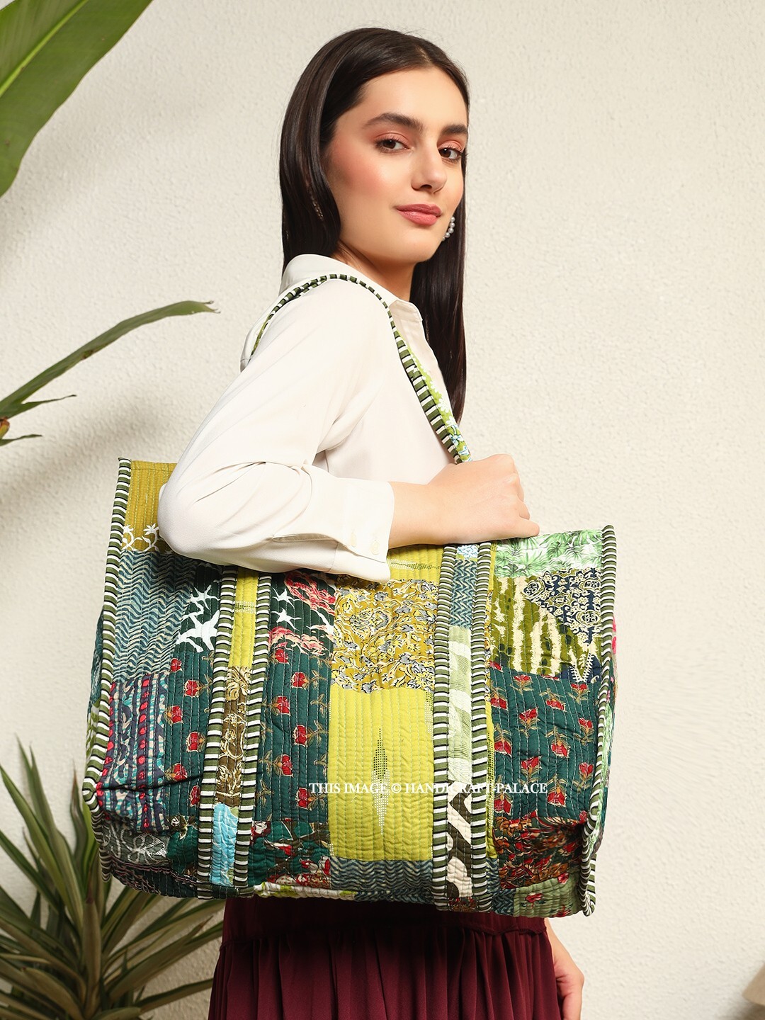 Indian Green Patchwork Quilted Shoulder Bag Women’s Beach Cotton Tote Handbag