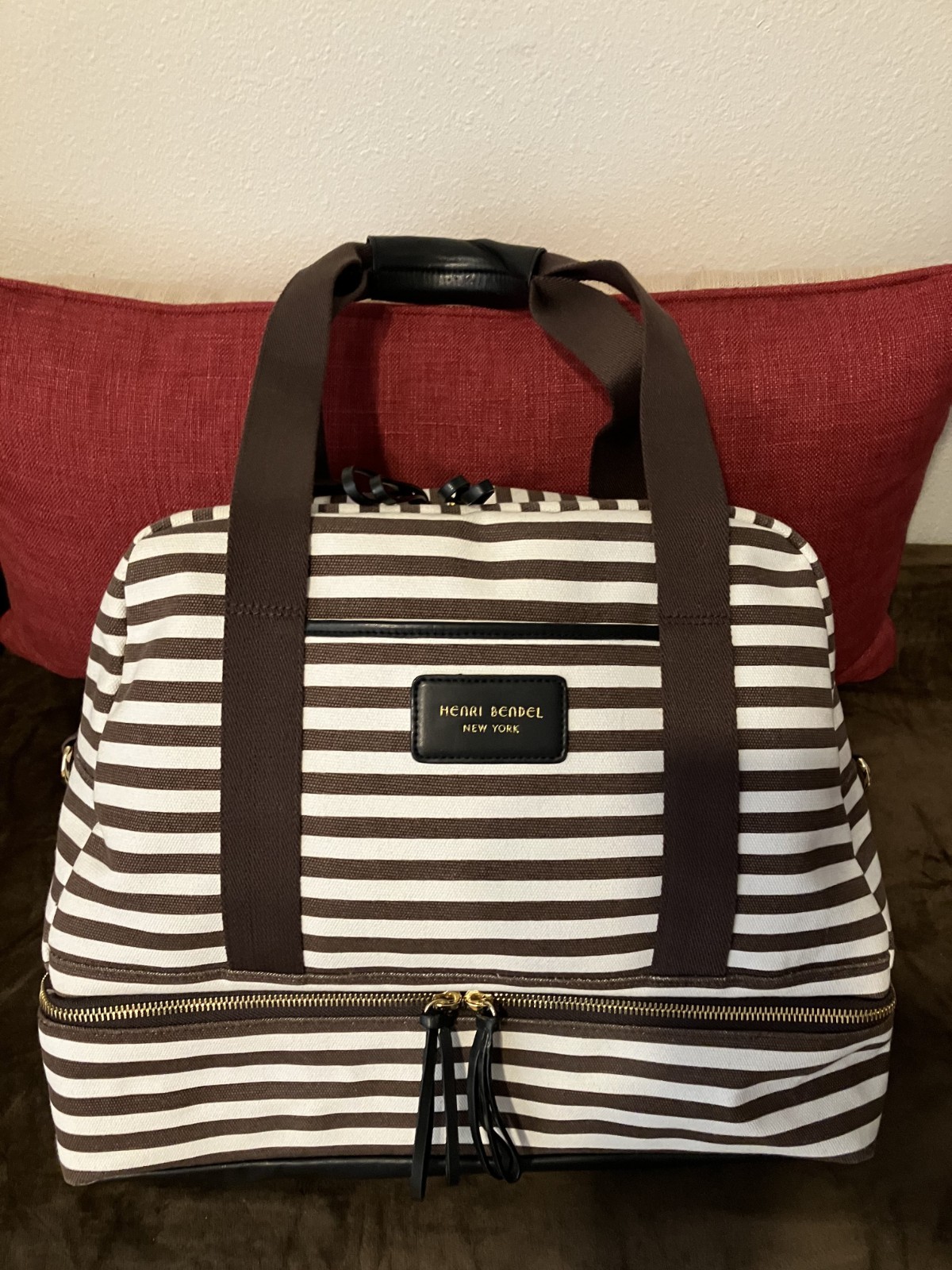 Henri Bendel Centennial Striped Canvas Weekender Bag Near Mint Condition
