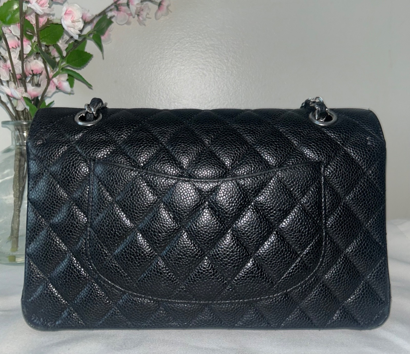 CHANEL Medium Classic Double Flap Caviar Leather Quilted Handbag Black