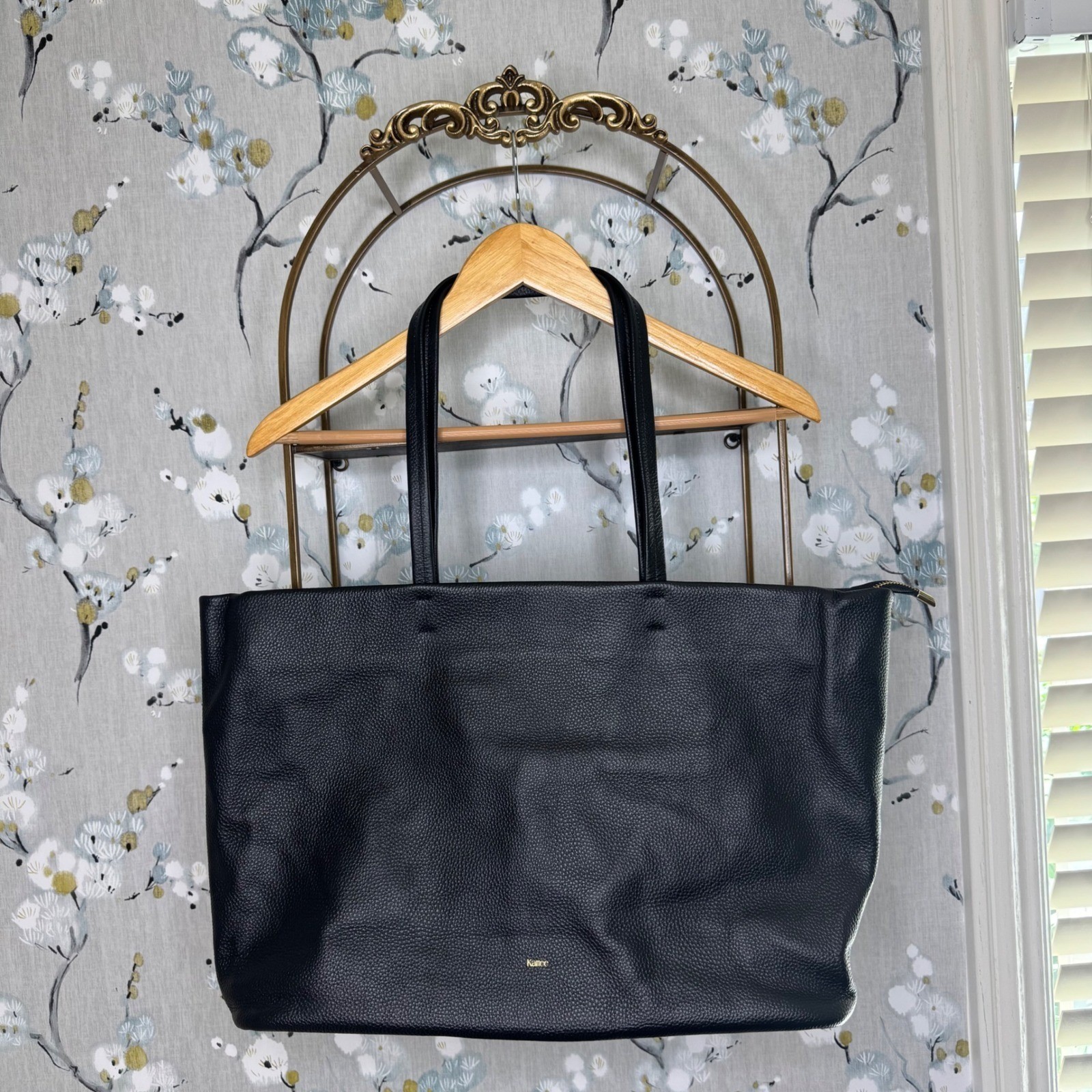 Kattee Black Pebbled Leather Tote Bag Shoulder Purse Gold Hardware Zip Top Large