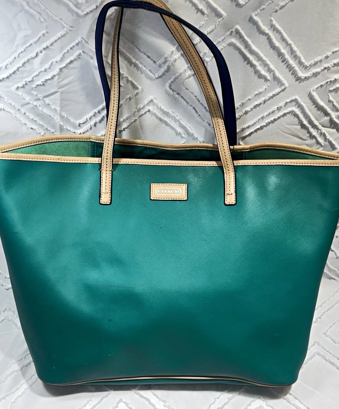 Coach F24341 City Tote Teal Turquoise Crossgrain Leather Shoulder Bag Blue Tan