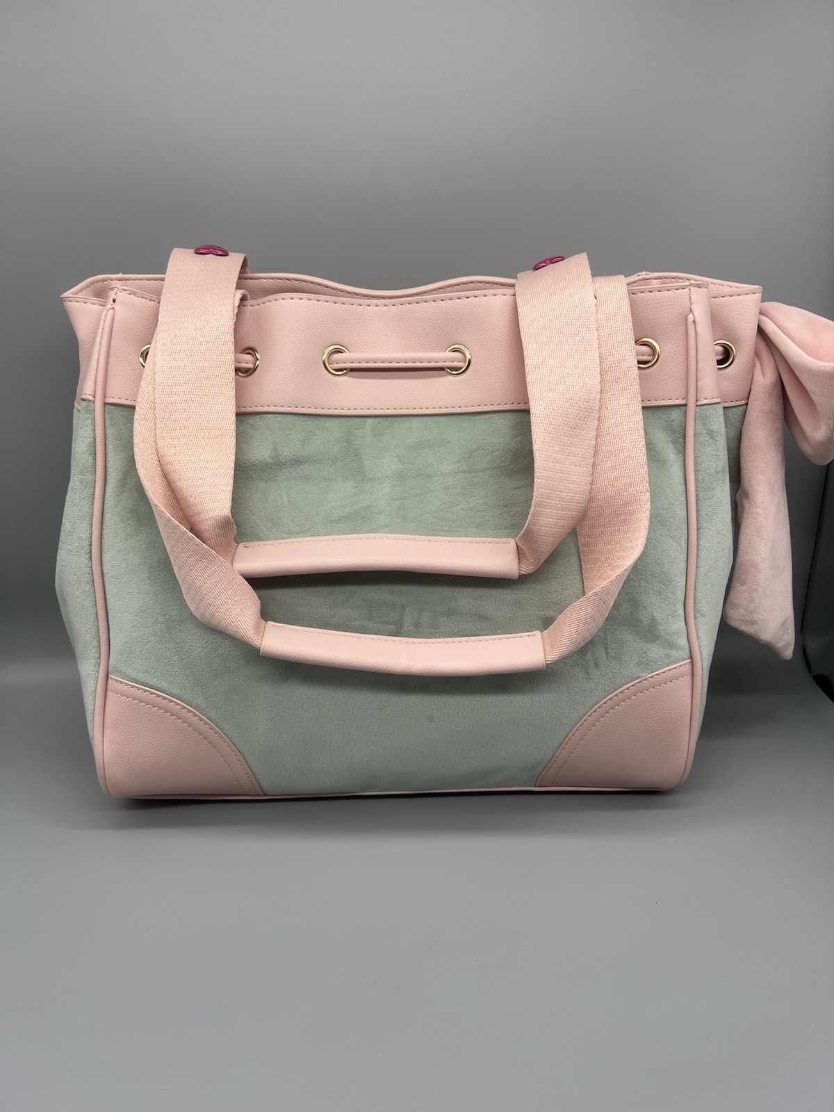 Juicy Couture Pink/Green velour sweet tea party Tote w/ Bow Cherry Charm