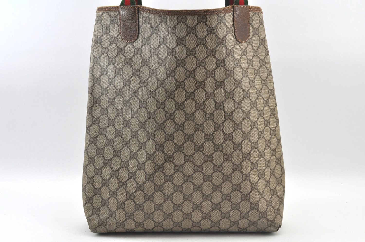 Authentic GUCCI Web Sherry Line Shoulder Tote Bag GG PVC Leather Brown AB273