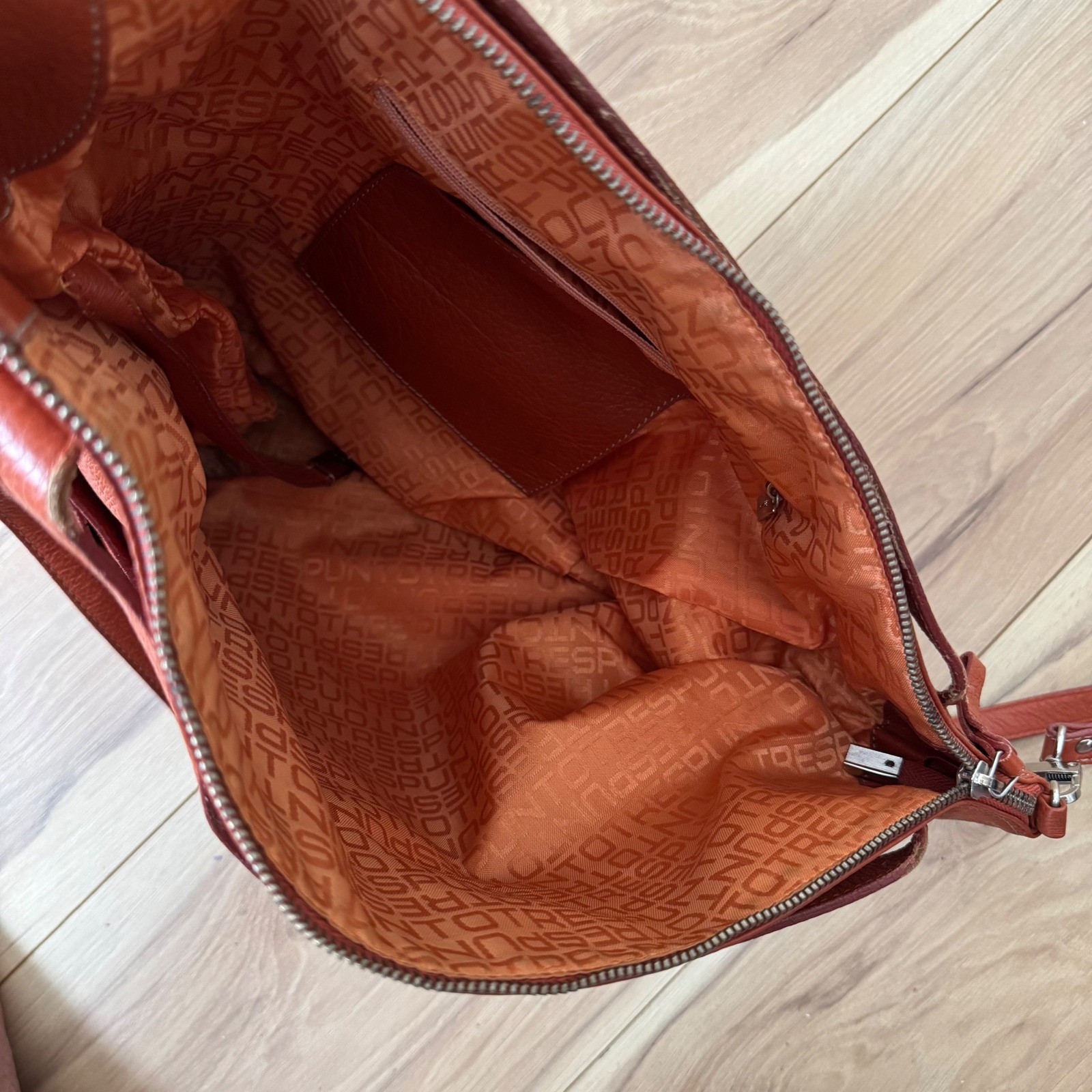 Puntotres Orange Pebbled Leather Crossbody Bag Made in Spain Multi Pocket Large