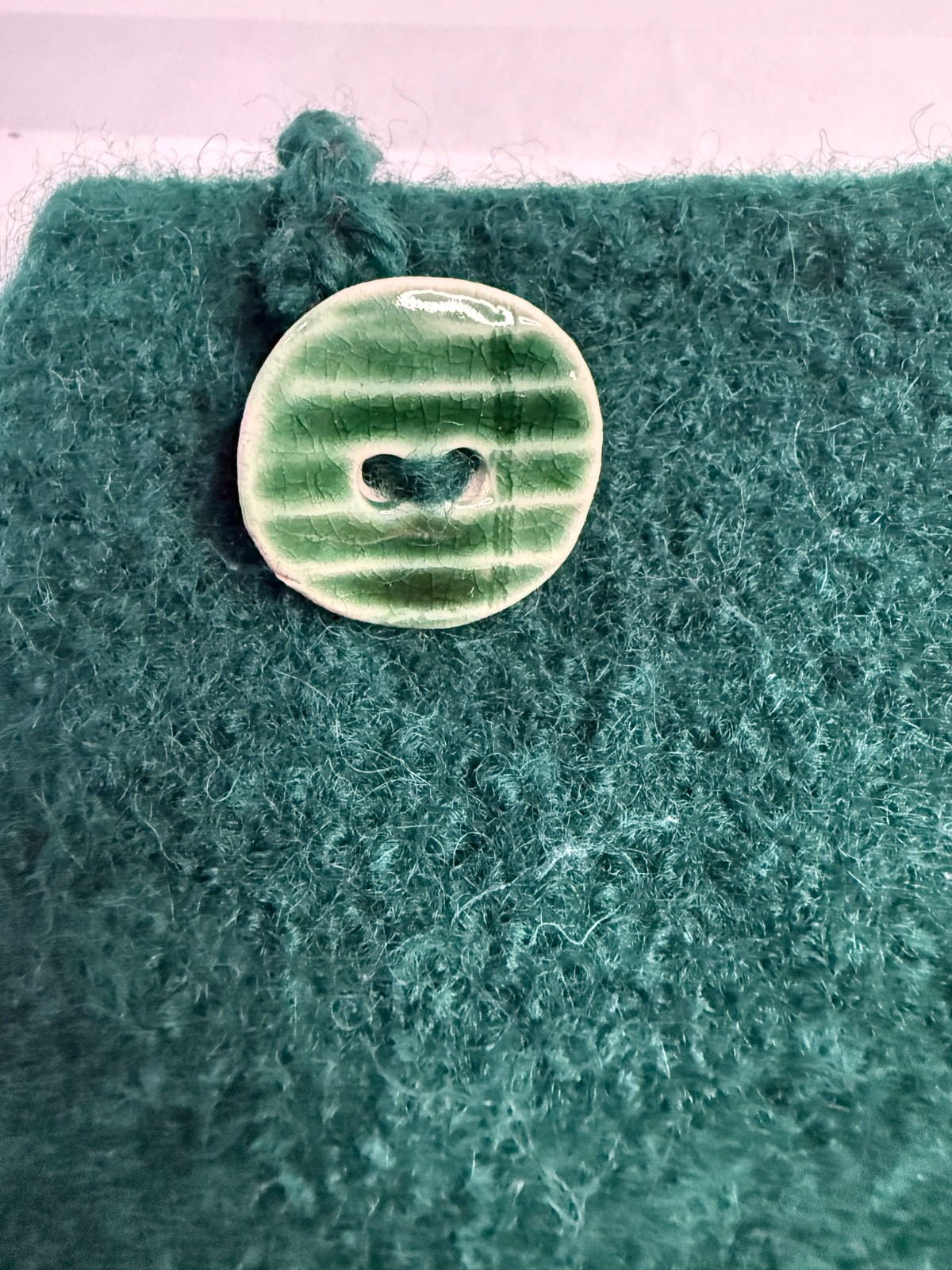 Handmade Green Wool Felt Pouch Sleeve Case – Signed JCP Artisan Ceramic Button