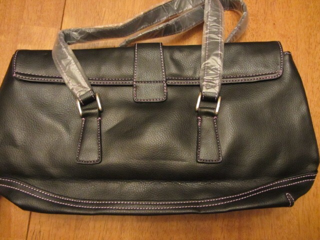 NEW Womens Black Handbag Purse Pink Stitching Faux Leather PVC
