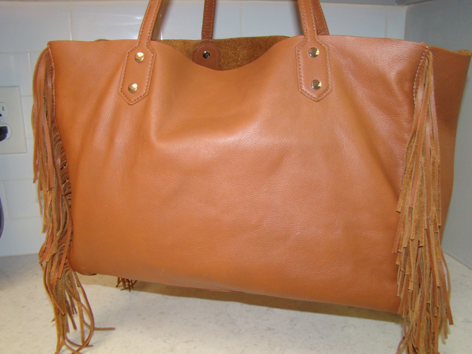 Sam Edelman Camel/Brown Payton Leather Fringe Hippi Tote 16”x12”x6″
