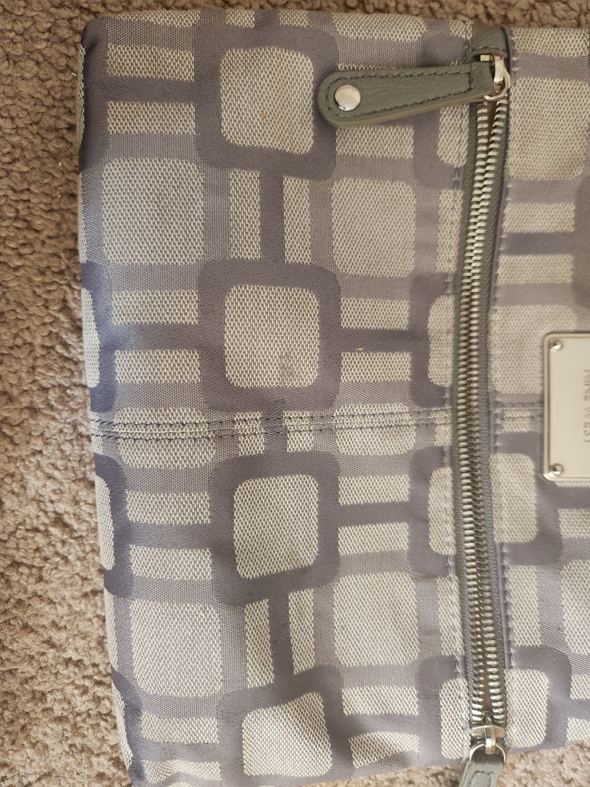 Nine West Gray Beige Geometric Crossbody Bag with Zipper Logo Plaque