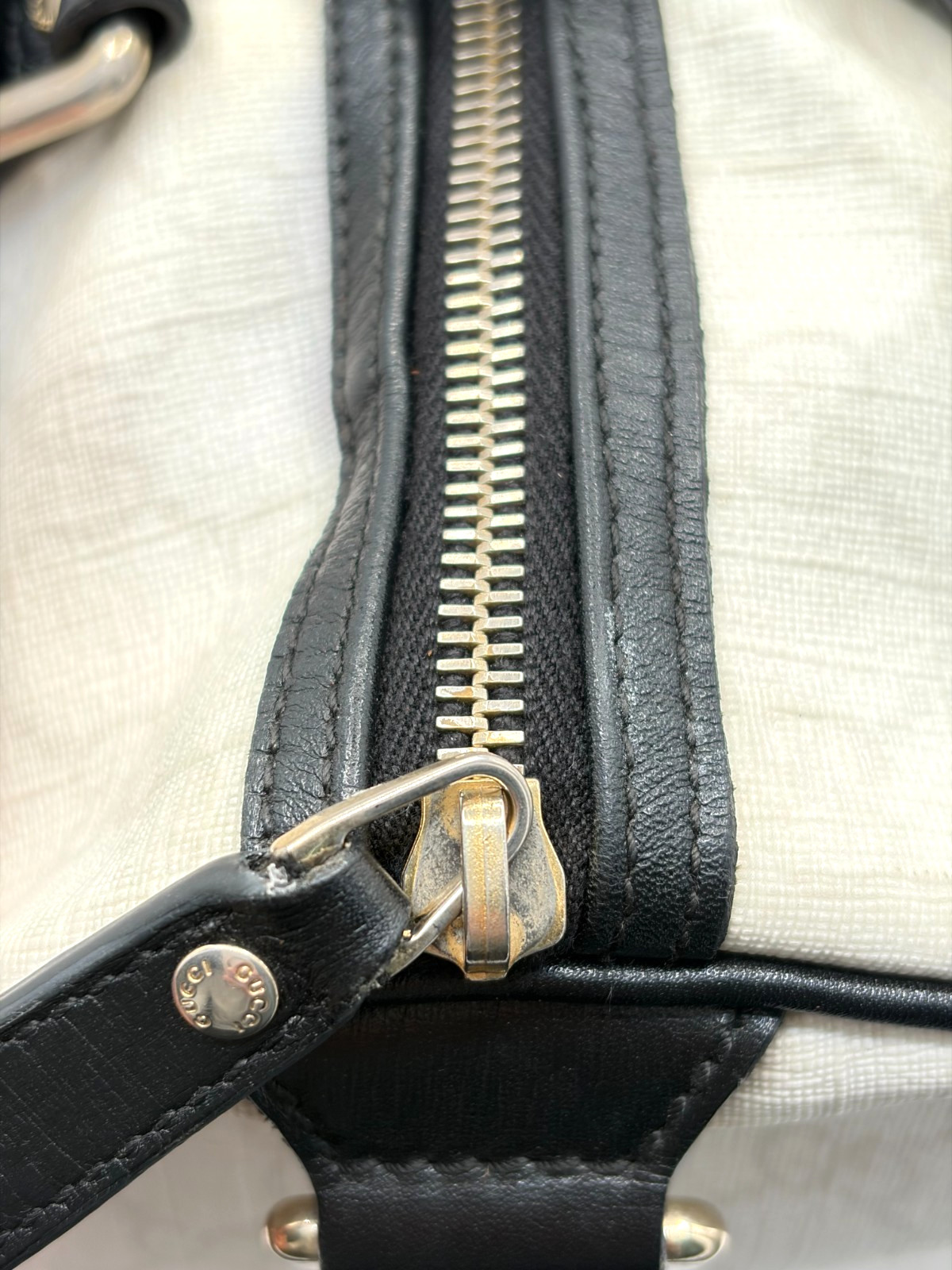 GUCCI Joy Boston Bag GG Supreme Medium White Canvas Satchel Black Leather Trim