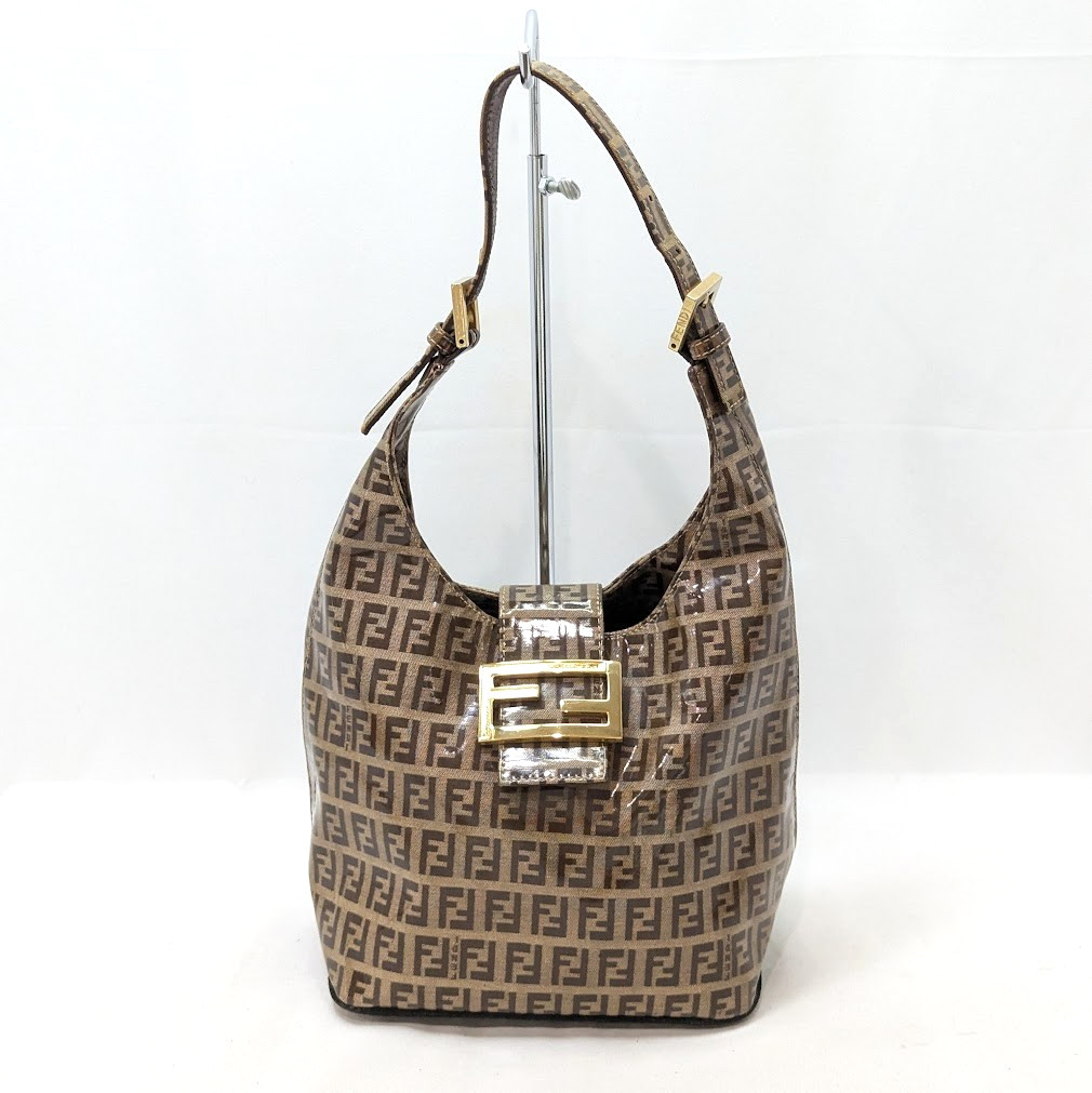FENDI Zucchino Hand Shoulder Bag Patent Leather Brown Authentic