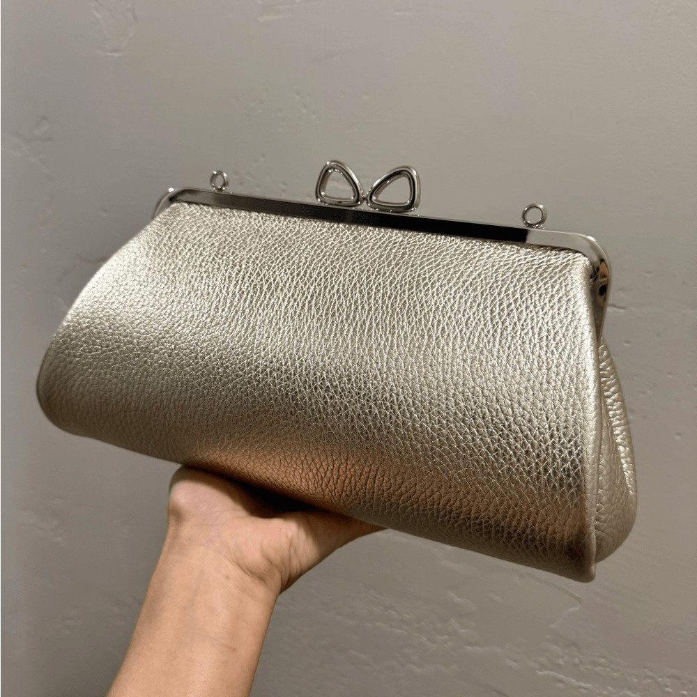 Gold Togo Cowhide Calfskin Handmade Bow” Shaped Kisslock Baguette Bag/Crossbody