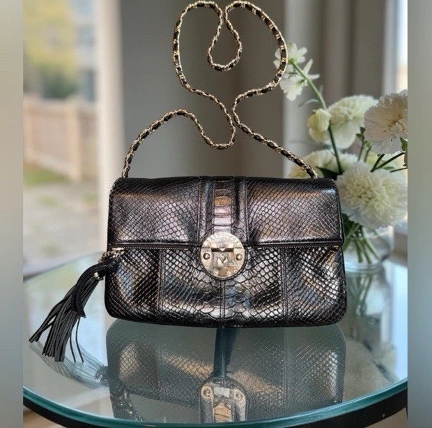 MetroCity Black Snake-Embossed Leather Shoulder Bag Chain Strap & Gold Hardware