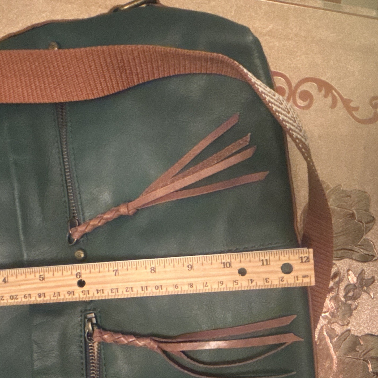 Teal & Brown Crossbody Bag Tassel Zip Lined Inner Pockets Detachable Strap