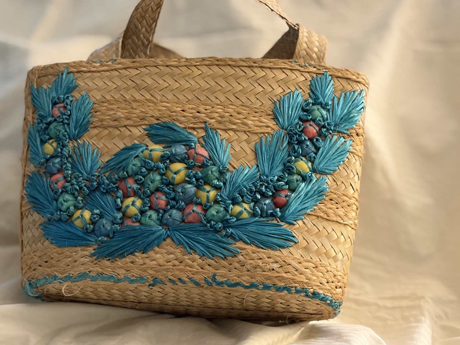 Women’s Medium Woven Tote Handbag, Blue Lined, Beaded Embroidered Trim