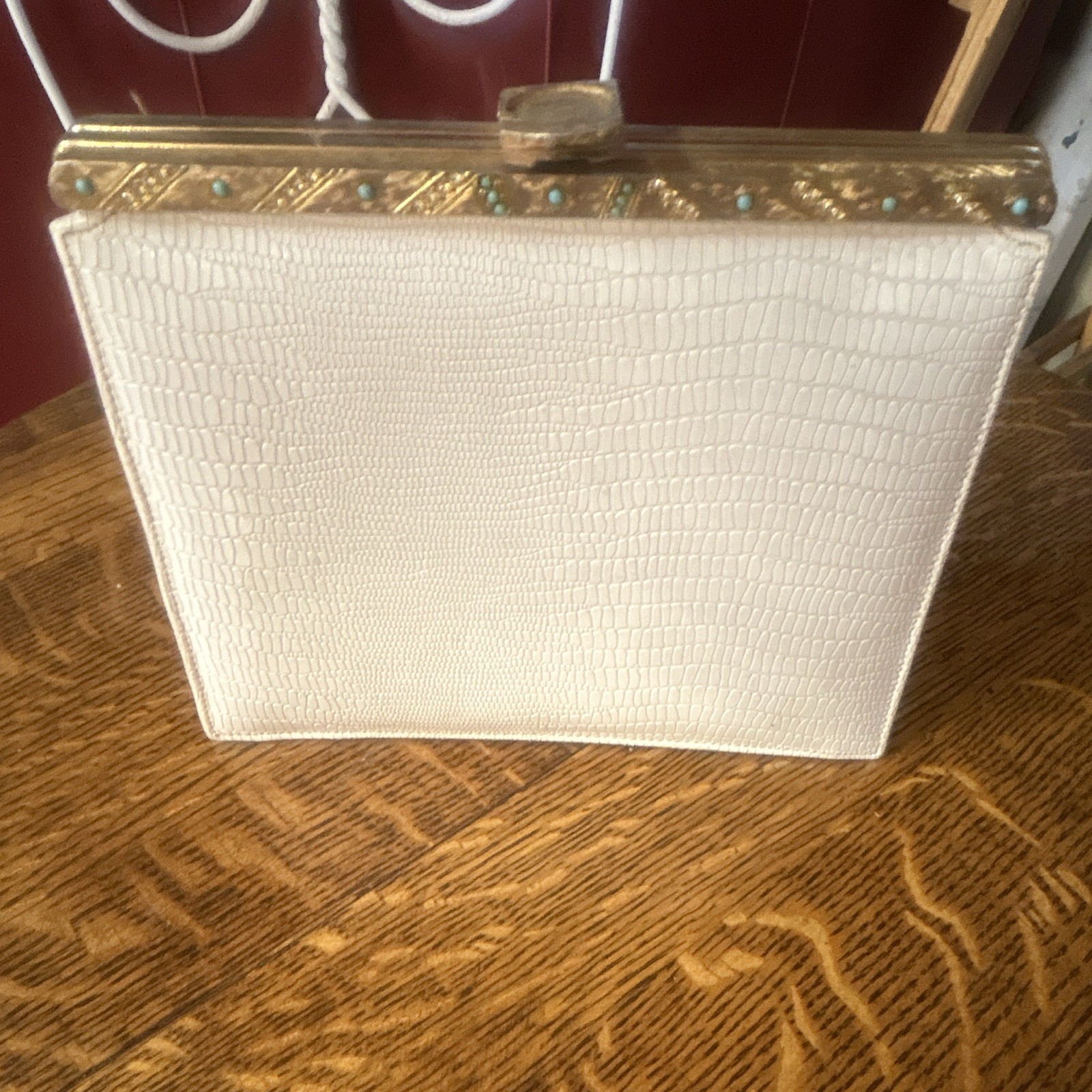 White Embossed Clutch Wristlet Gold Hardware Clasp Lined Inner Pockets Small
