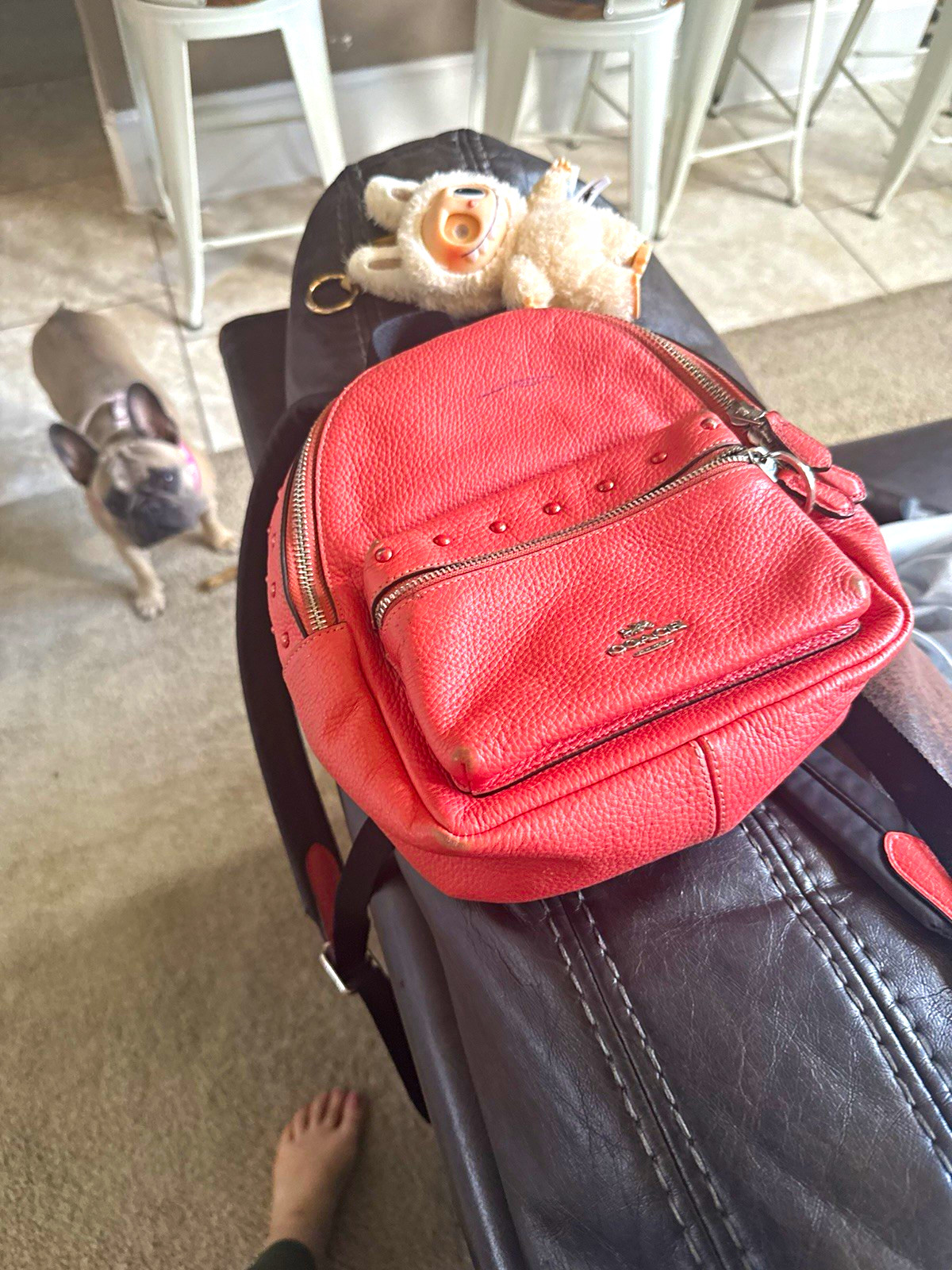 Coach Pink Mini Backpack Purse, Stud Trim, Teddy Bear Charm, Adjustable Strap