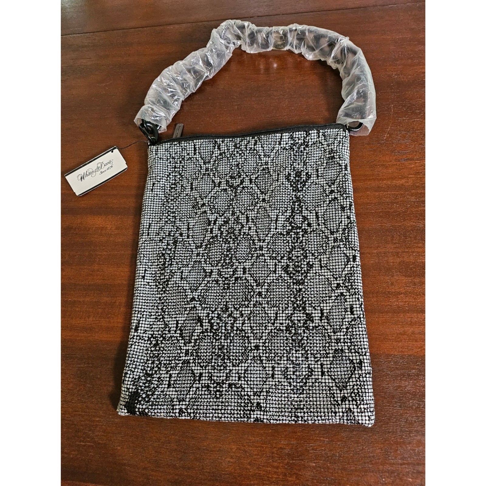 Whiting & Davis Mesh Crossbody Bag Women Small Black White Snakeskin Print