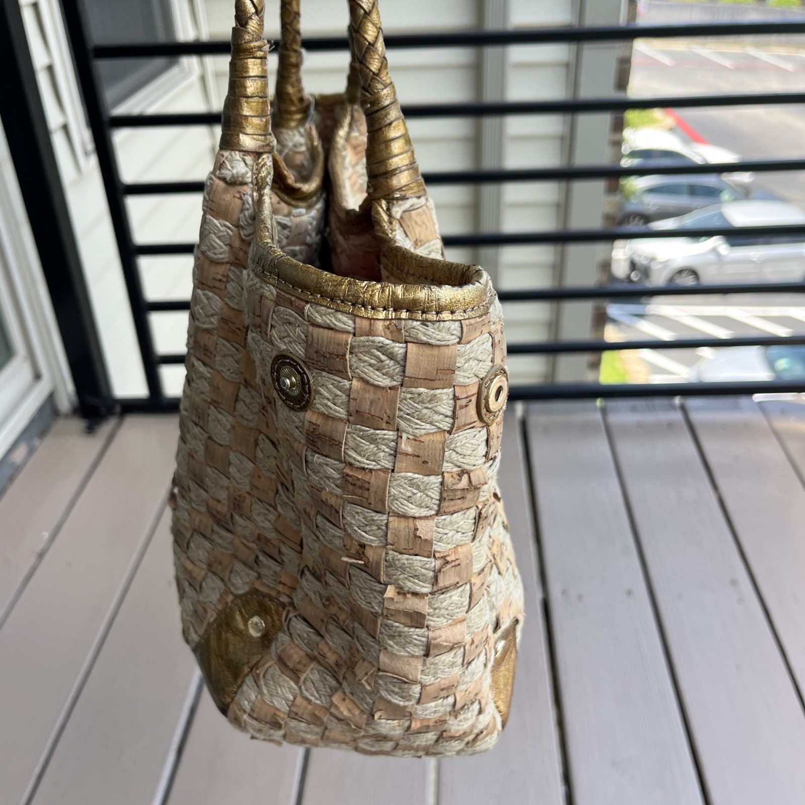 ELAINE TURNER Woven Cork Rope Tote Shoulder Bag Gold Leather Handles Boho