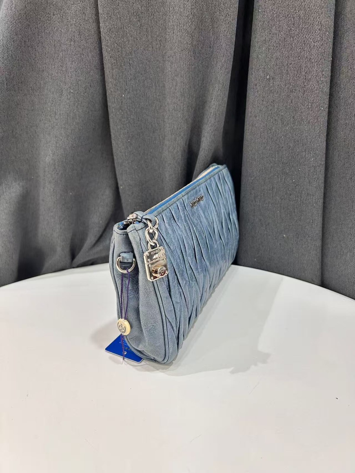Authentic Miu Miu Matelasse Blue Leather Chain Clutch Bag Italy