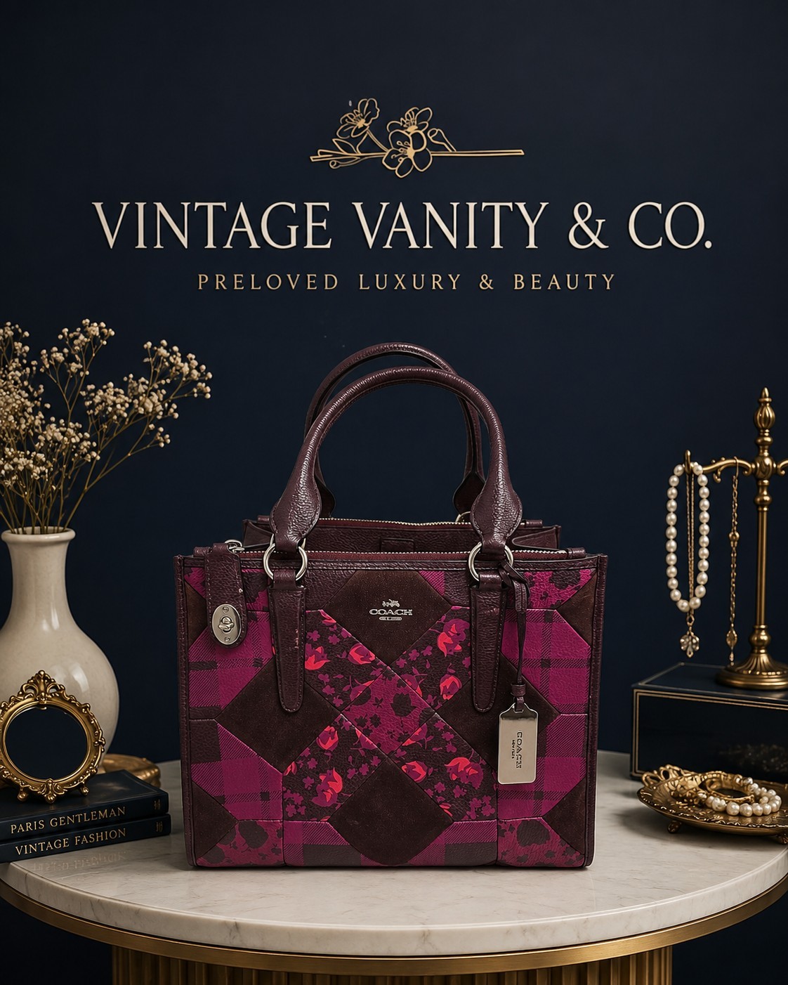 Coach Crosby Oxblood Patchwork Tote/Crossbody Bag With Floral Accents