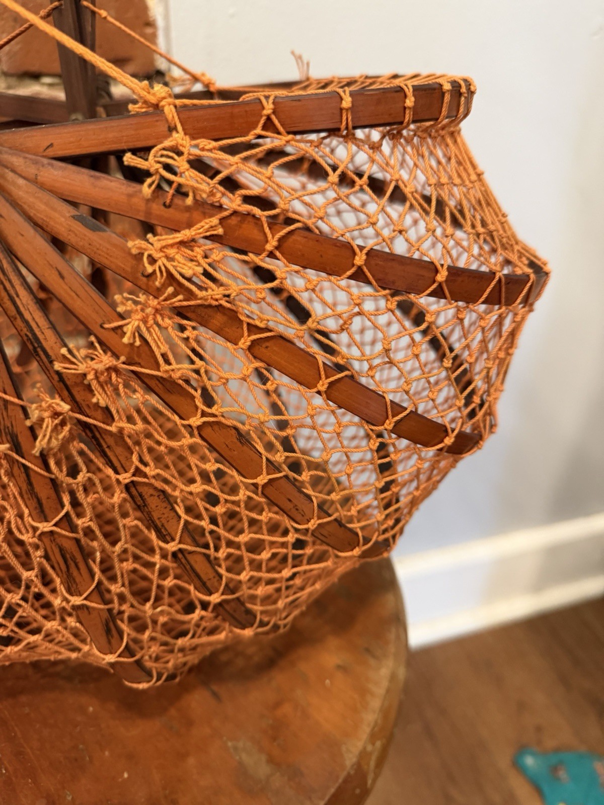 Vtg 1950s Japanese Folding Bamboo Basket Purse Orange Fishnet Collapsible Bag