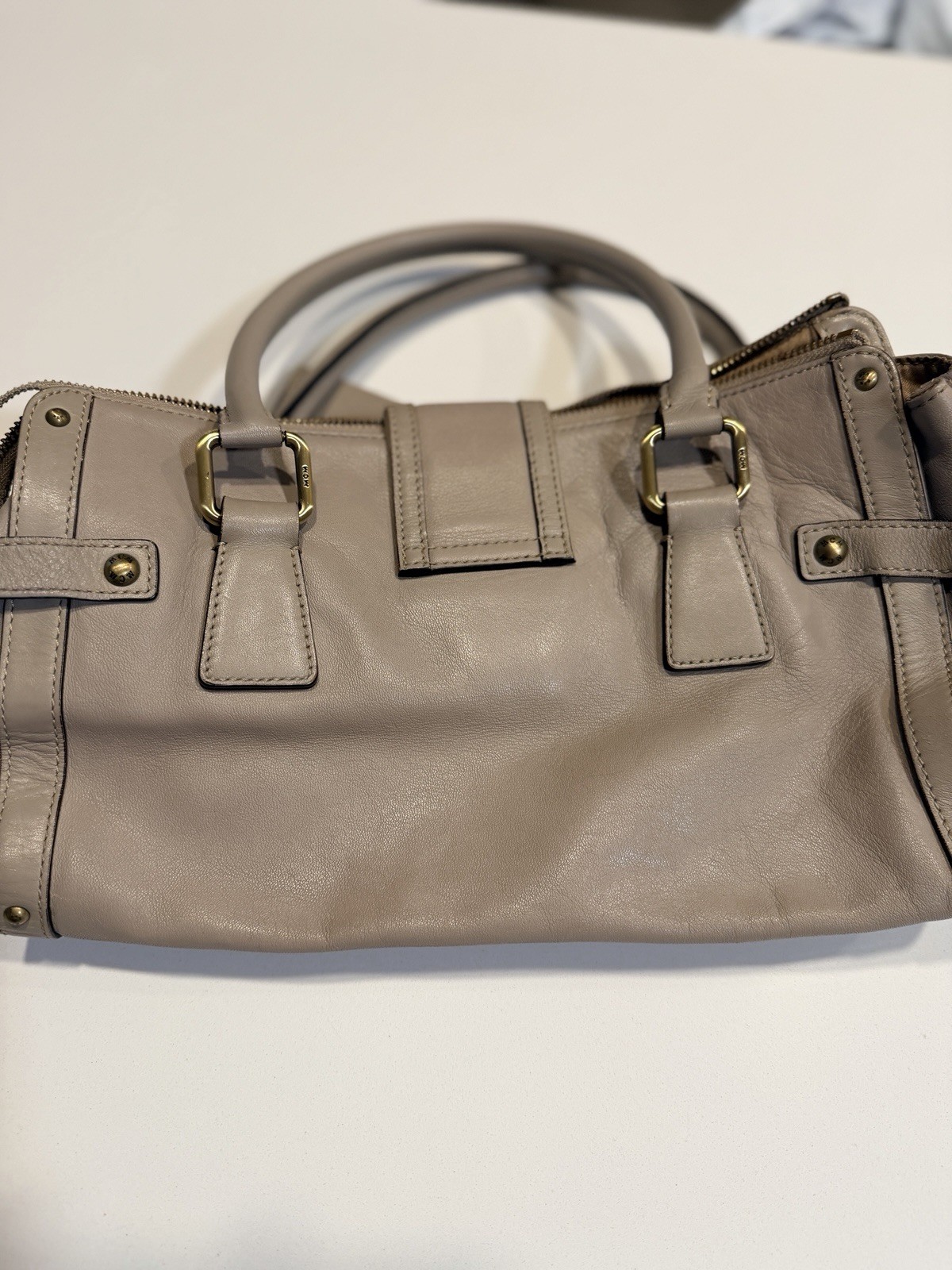 MCM Gray Logo Satchel Top Handle Zip Lined Inner Pockets Buckle Charm Gold