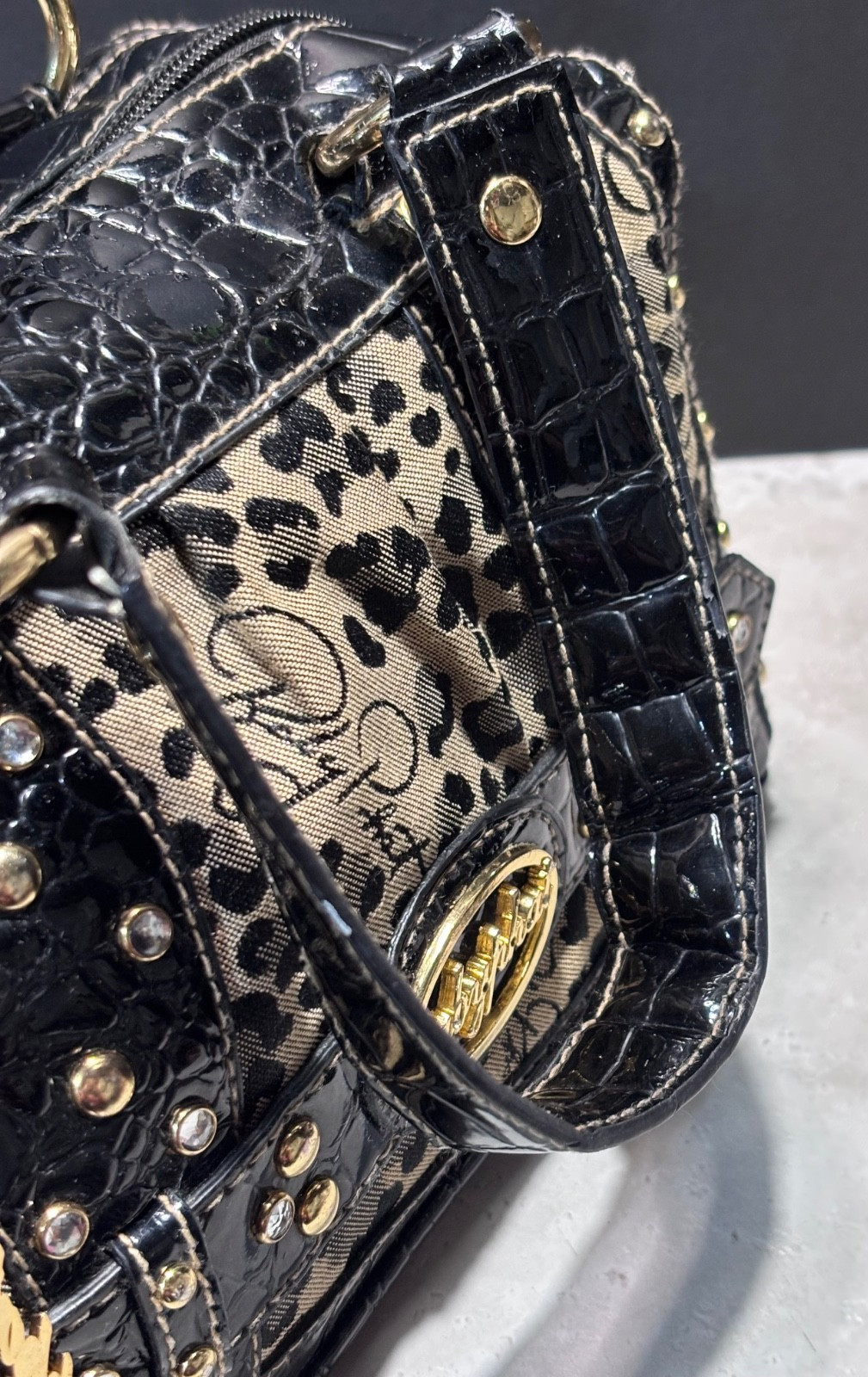 Authentic Baby Phat Feline Leopard Print Satchel Bag Y2K Cat Charm Purse