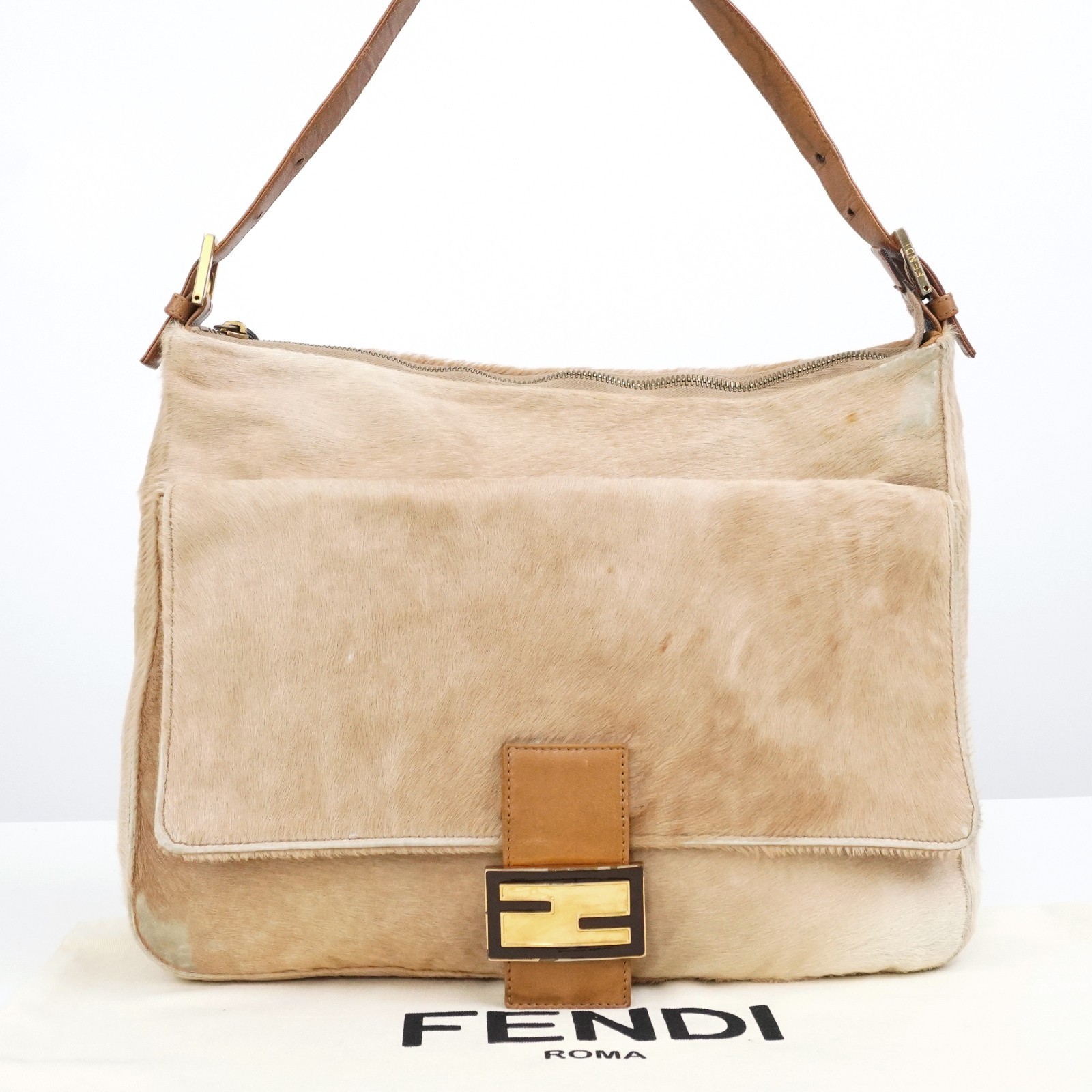 FENDI FF Logo Gold Mamma Baguette Pony Hair Leather Shoulder Bag Auth #58681A