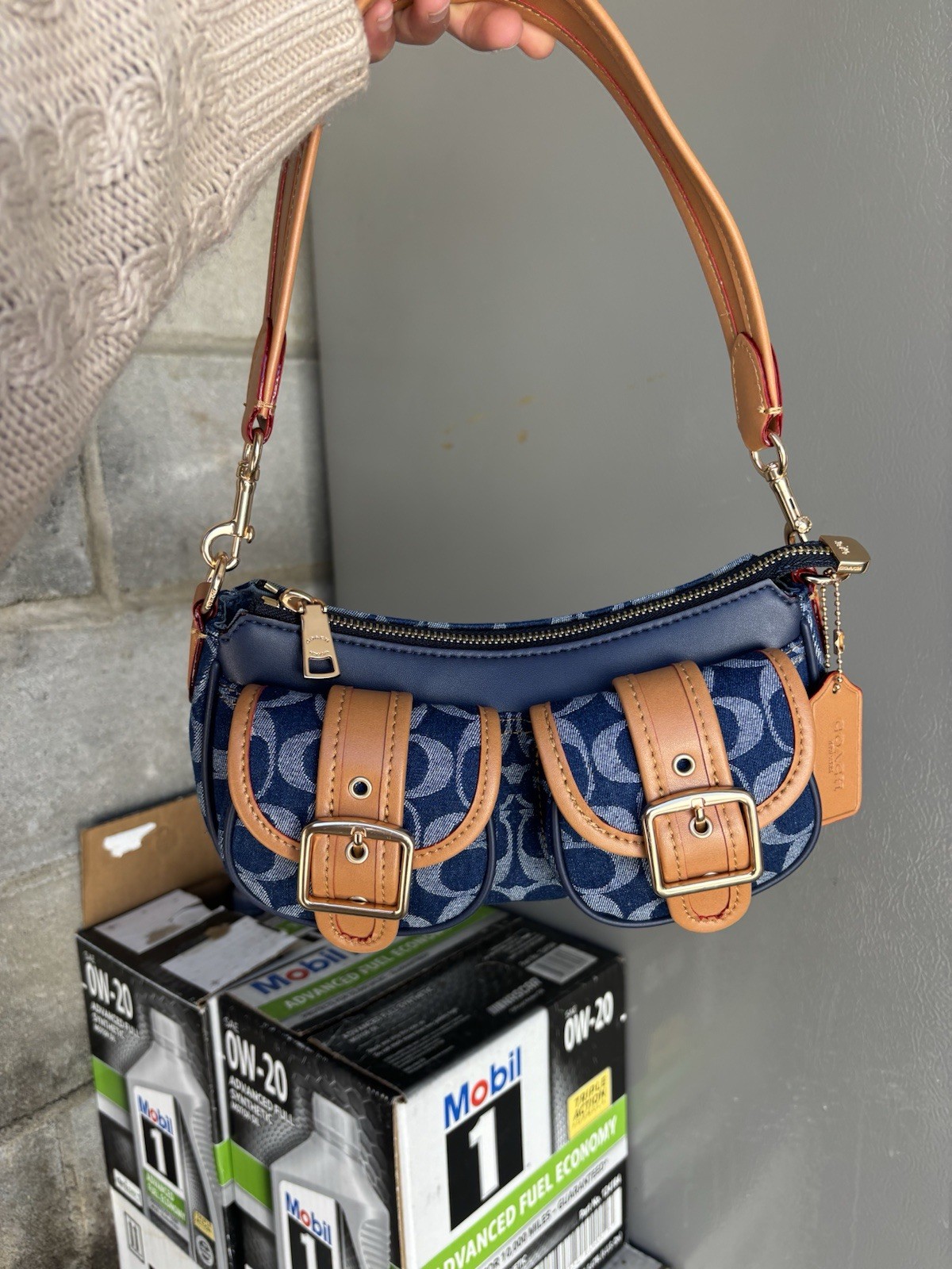 Coach Ashton Denim Blue Signature Crescent Shoulder Bag Zip, Buckle Purseb