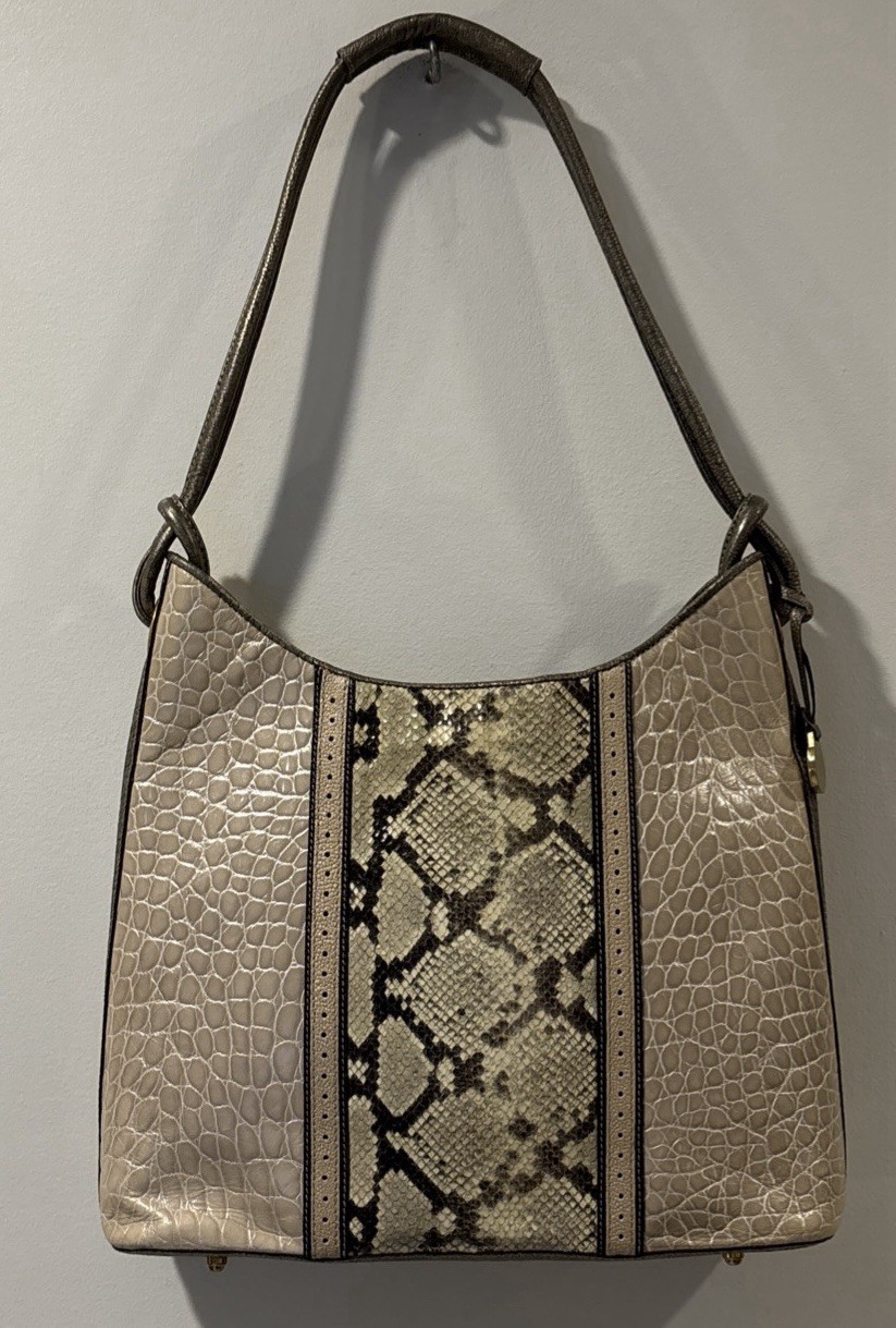Vintage Brahmin Meryl Gallery Pewter/Brown Leather Python Embossed HandBag