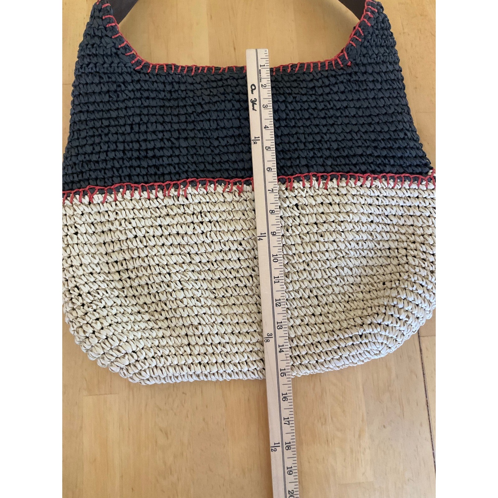 Sonoma Goods For Life Woven Straw Hobo Bag Black Tan Colorblock Red Whipstitch