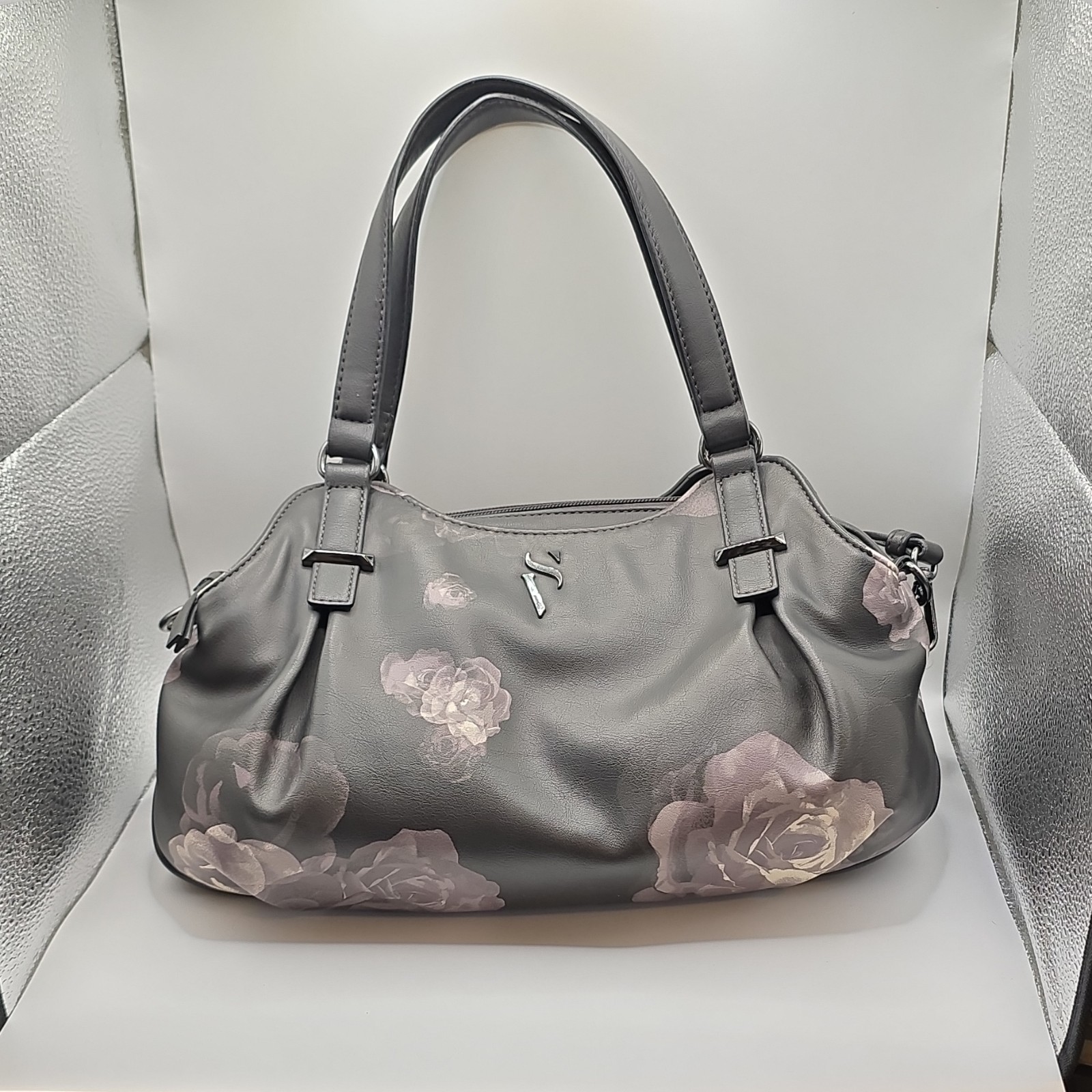 Simply Vera Vera Wang Gray Floral Satchel Top Handle Zip Lined Detachable Strap