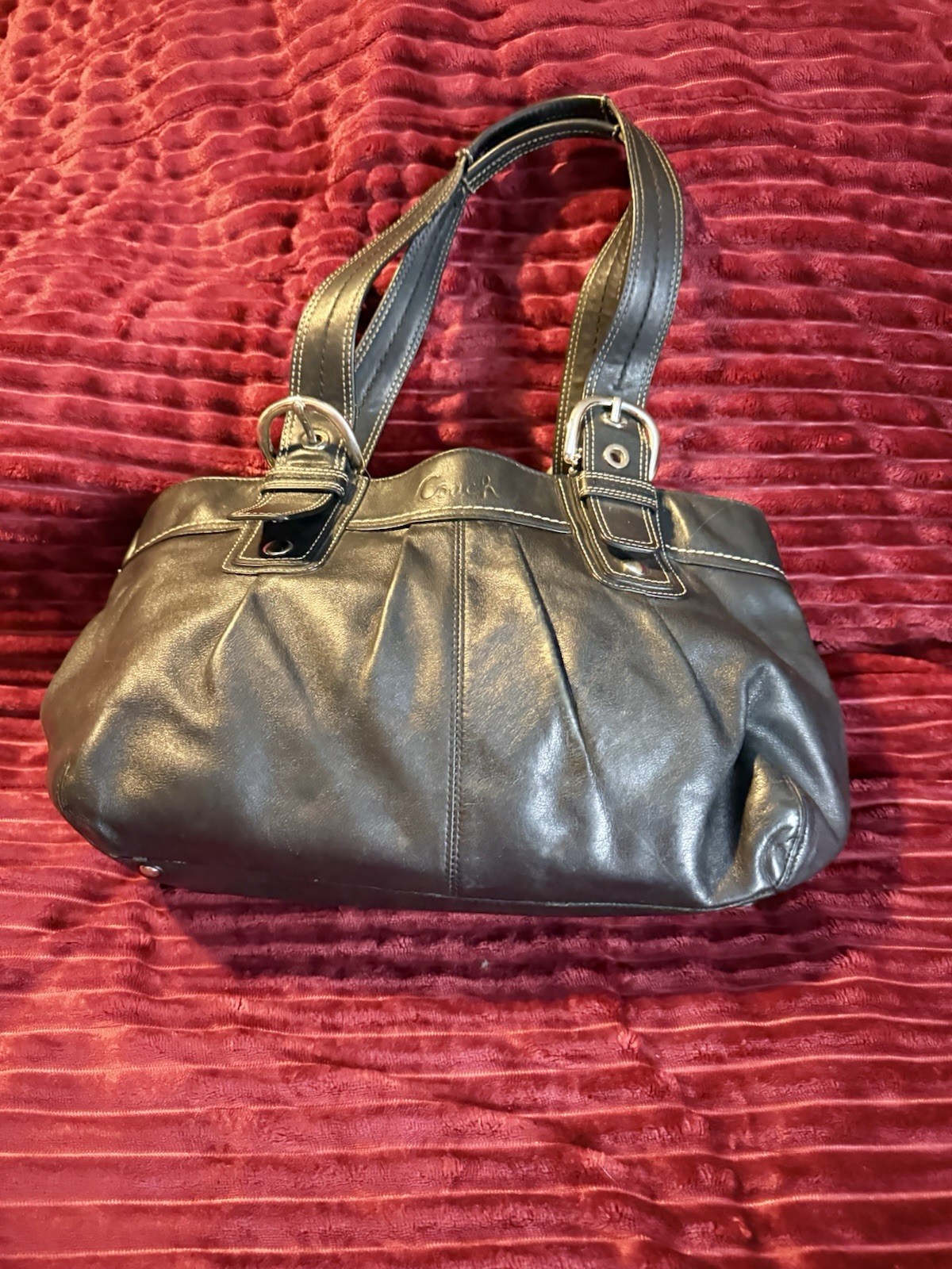 Coach Black Satchel Buckle Accent Pleated Stitching Silver Hardware Wallet Set