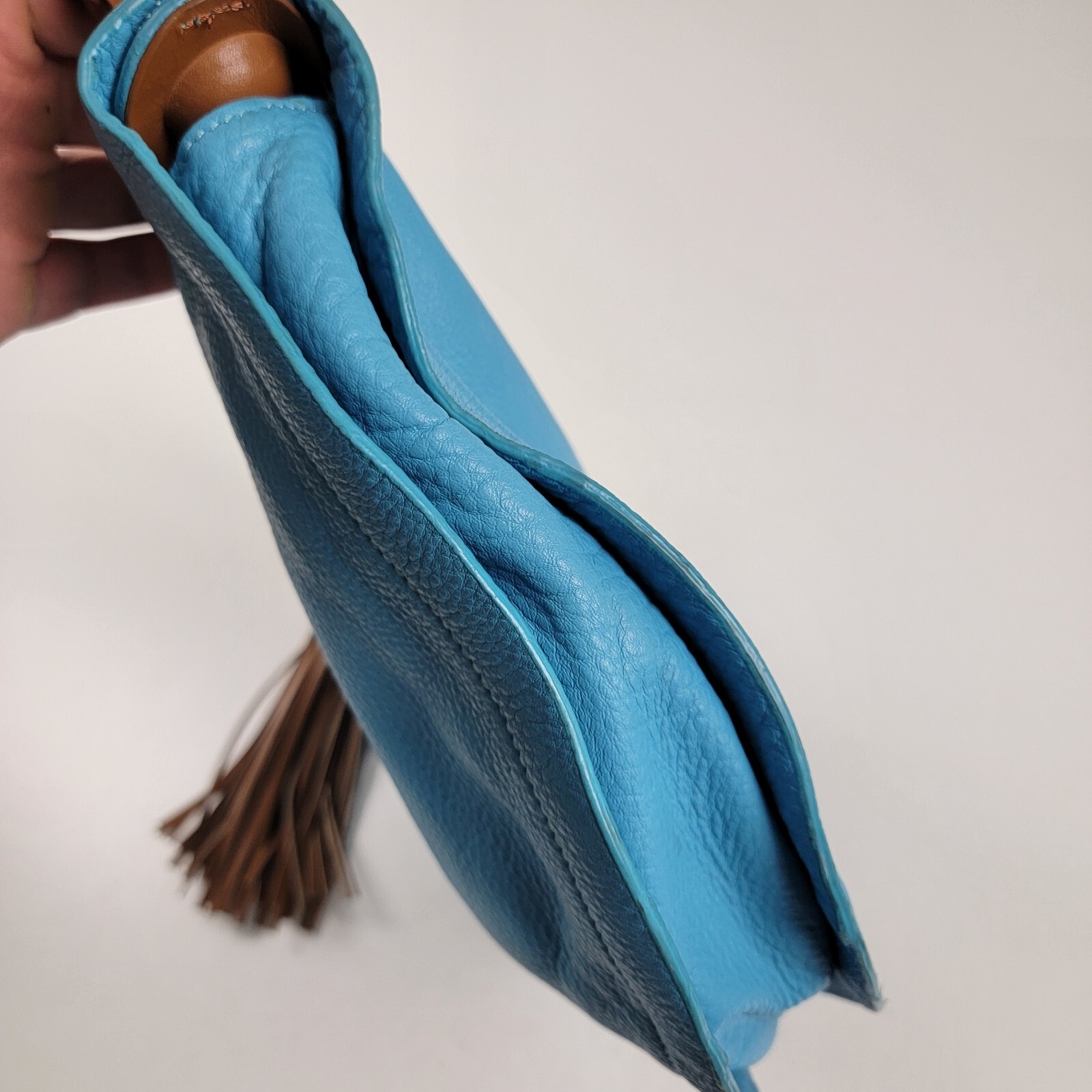 Borsetta Milano Blue Leather Shoulder Bag With Braided Strap Tassled