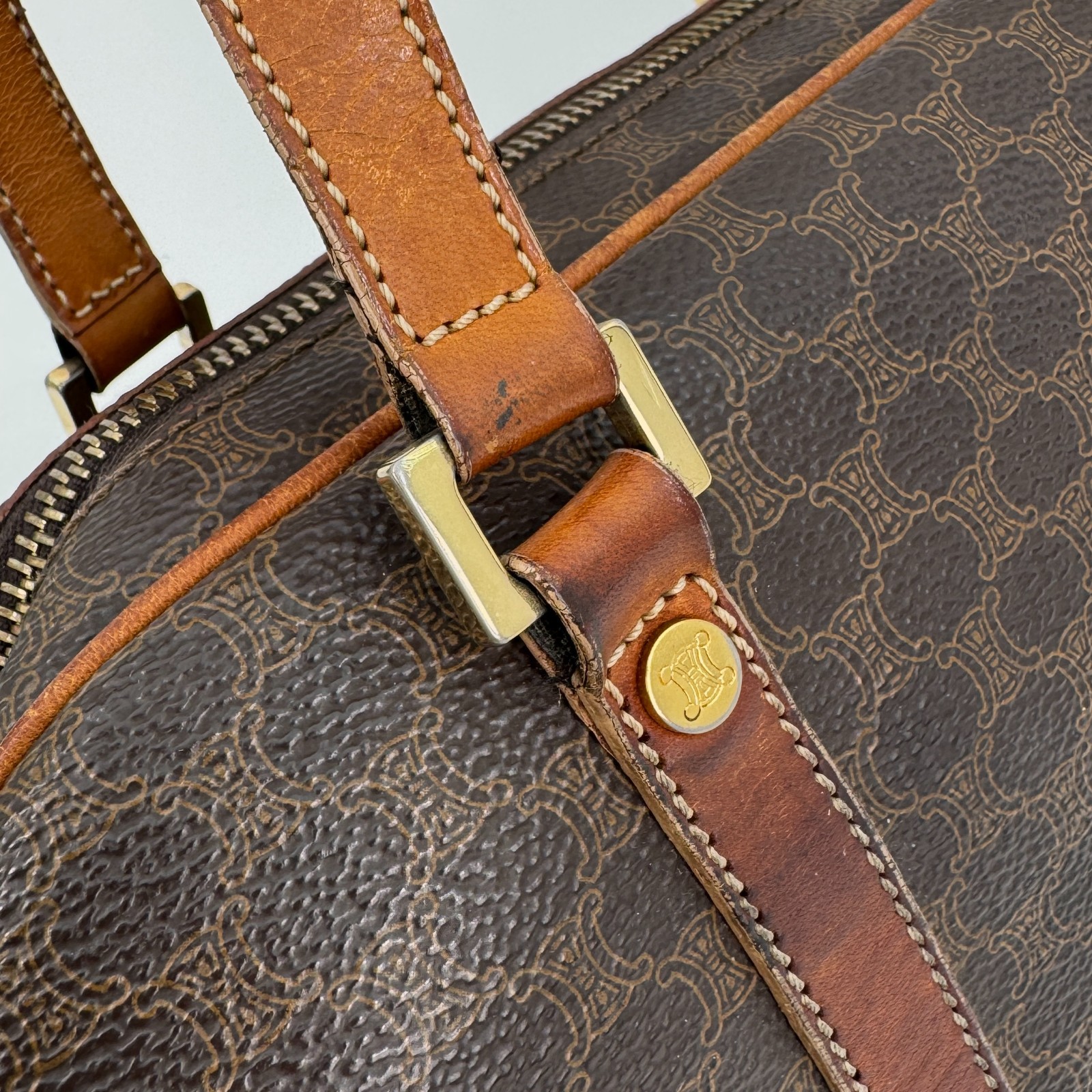 CELINE Macadam Barrel PVC Leather Mini Boston Handbag Brown