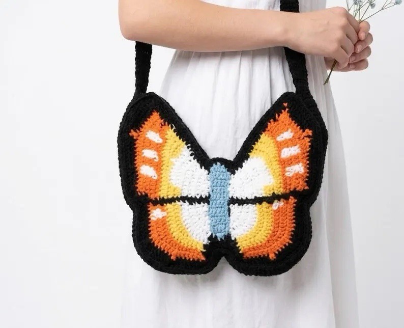 Crochet Butterfly Shoulder Bag Multicolor Zip Closure Lined Black Strap