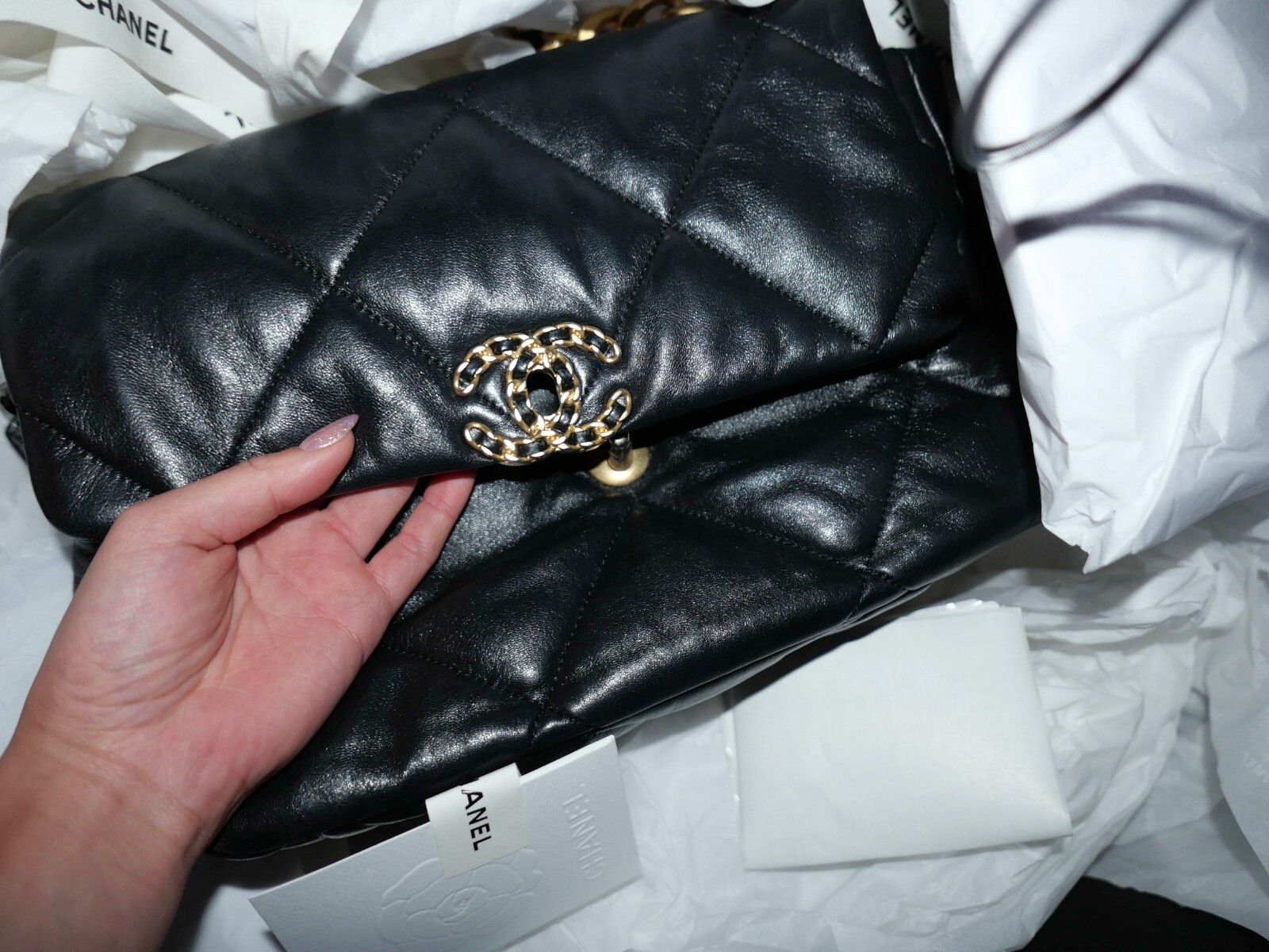 Chanel 19 Flap Bag Shiny Lambskin, Gold-Tone, Silver-Tone & Ruthenium Metal