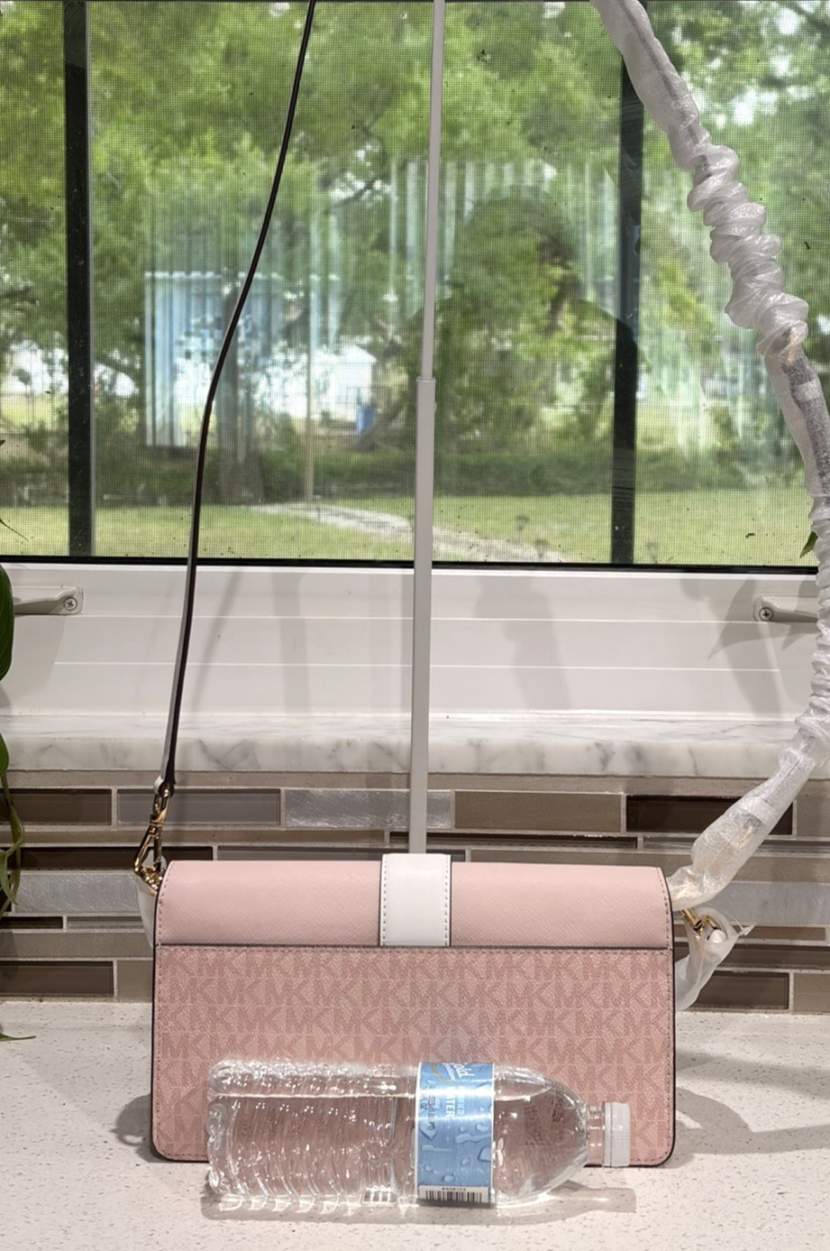 MICHAEL KORS GREENWICH MEDIUM FLAP SHOULDER CROSSBODY BAG MK BLUSH PINK LOGO