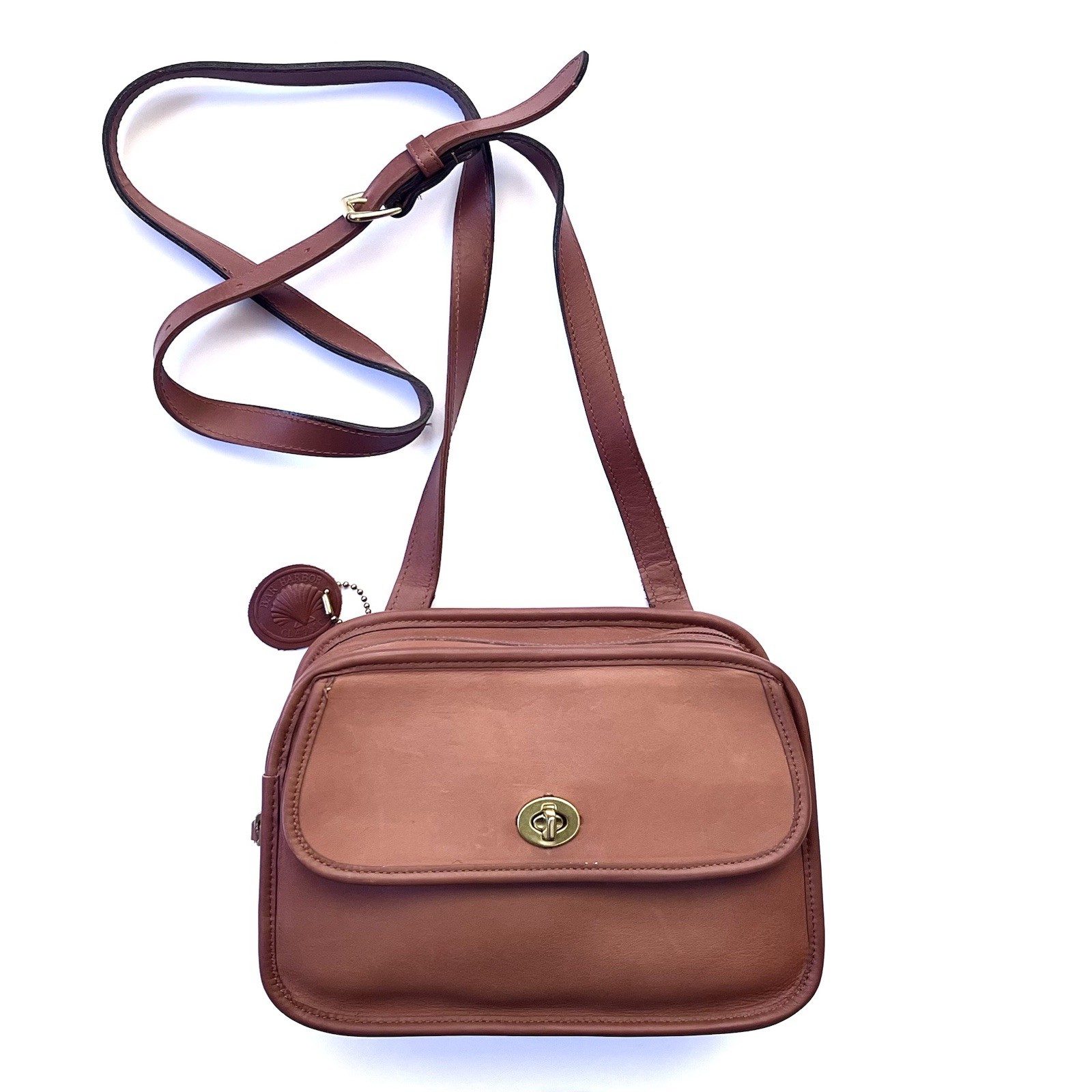 80s 90s Vintage Bar Harbor Classics Crossbody Shoulder Bag Brown Tan Leather