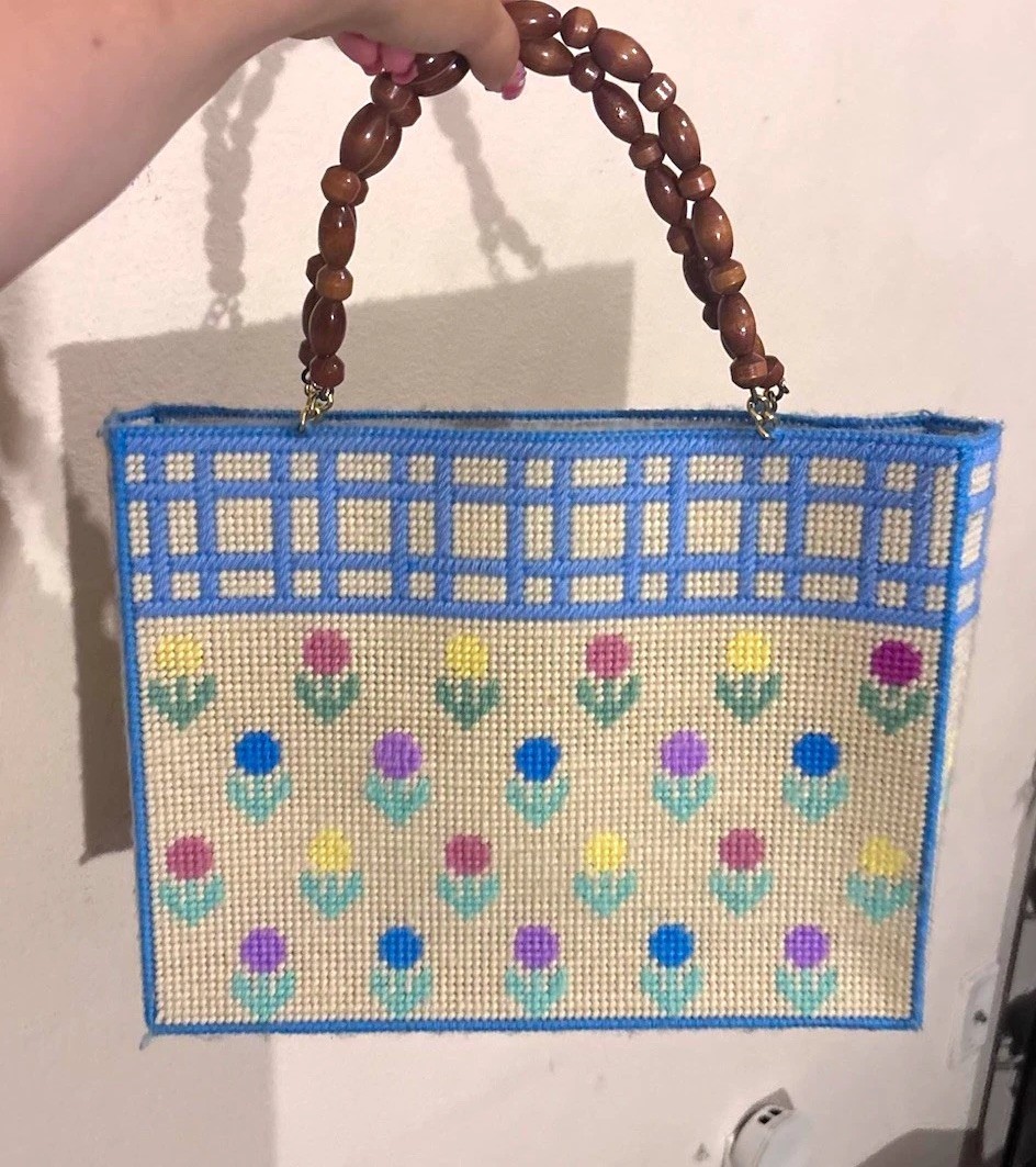 Vintage Cross-stitched floral cottage core tote w wood beaded handle #y2k