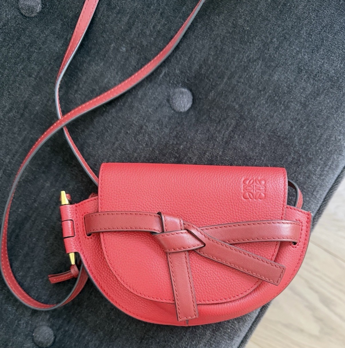 Loewe Gate Mini Red Crossbody Bag Gold Hardware Logo Bow Accents Strap