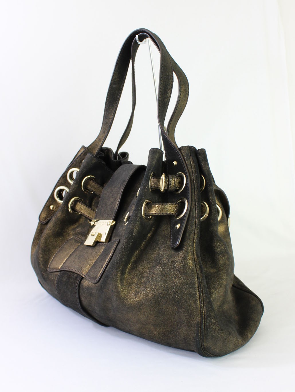 Jimmy Choo Auth Distressed Metallic Bronze Leather Ramona Shoulder Bag Handbag