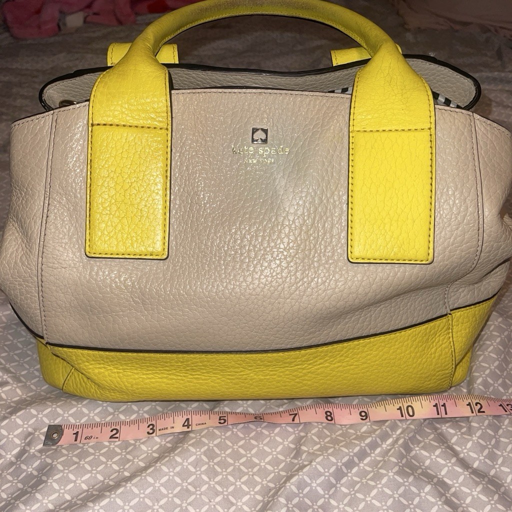 Kate Spade New York Beige/Yellow Pebbled Satchel Top Handle Zip Striped Lined