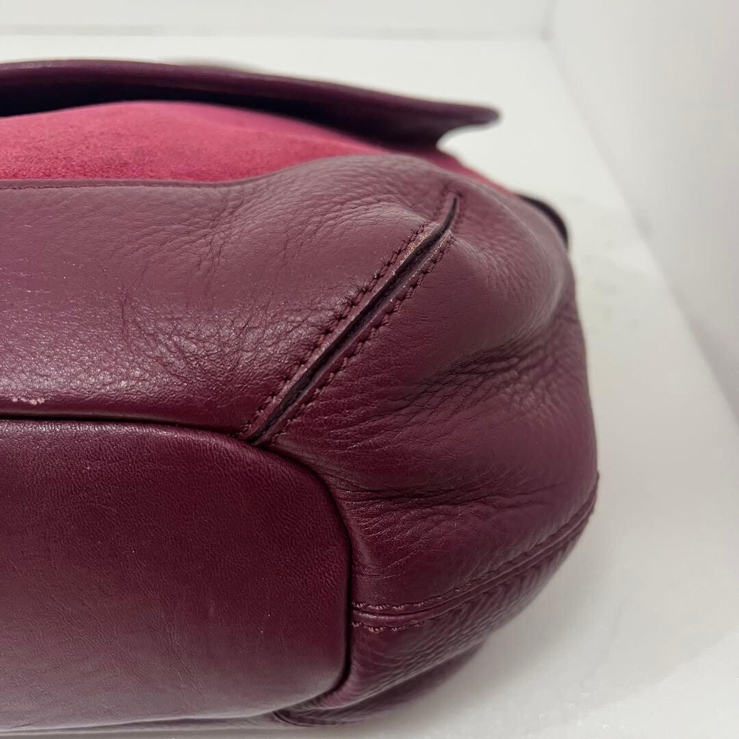 HIROFU Shoulder Bag Suede Leather H Logo Burgundy Vintage From Japan