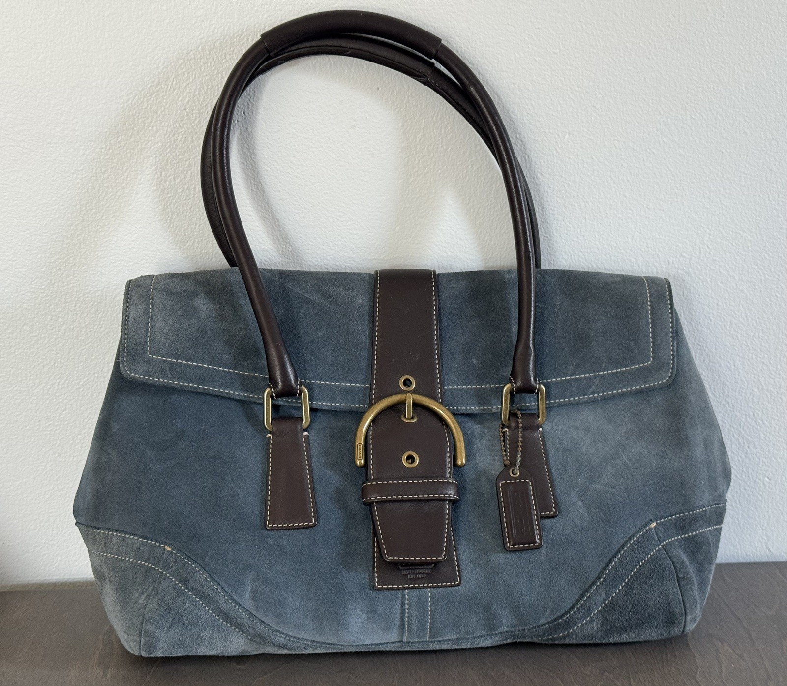 COACH Blue Suede/Brown Leather Hampton Soho Satchel Bag Logo Lined G04S-9507
