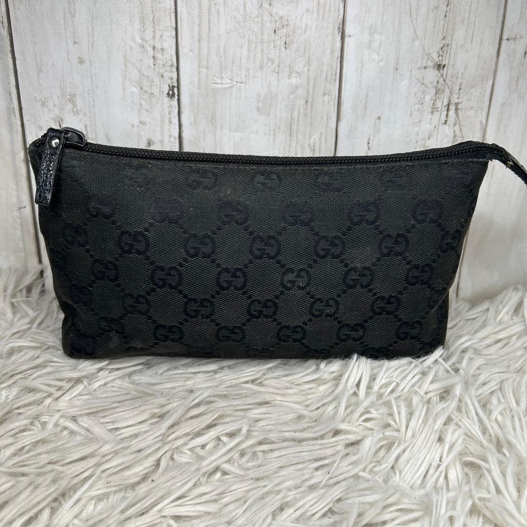 GUCCI GG Canvas Leather Pouch Black Women Auth 4.33 x 8.07 x 2.36inch
