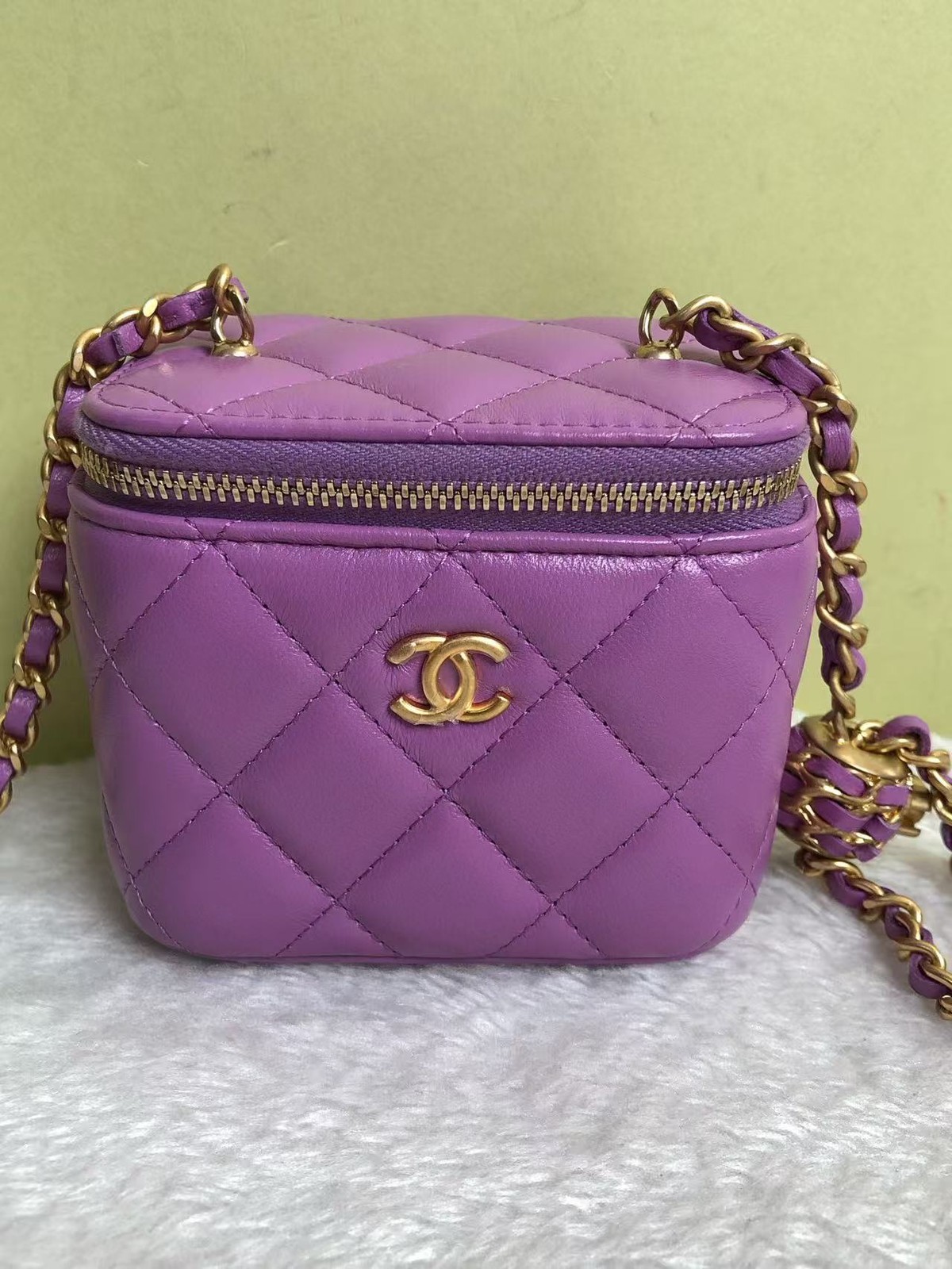 Chanel Mini Vanity Case Crossbody Bag Violet Quilted Lambskin Leather Gold Ball