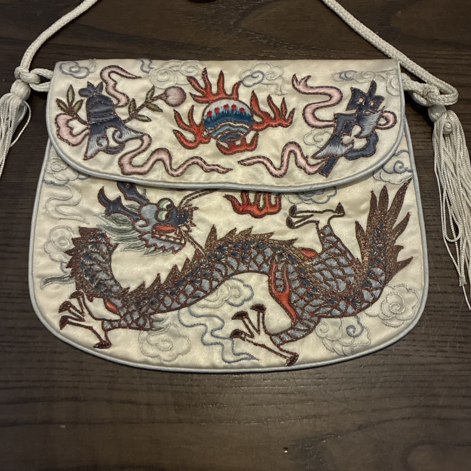 Vintage Chinese Asian Style White Silk Dragon Embroidered Mini Crossbody Purse