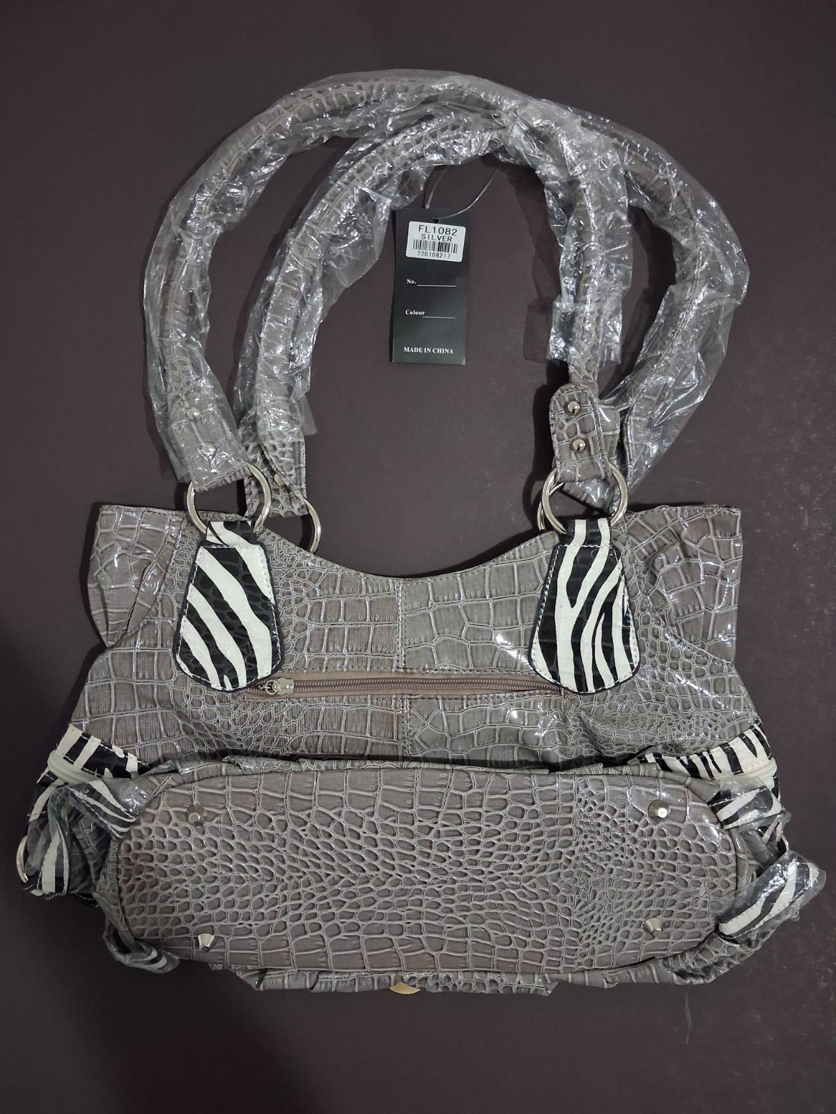 Large Gray w/ Zebra (Blk./Wh.) Striped Foral Design Leather Handbag. Brand New.